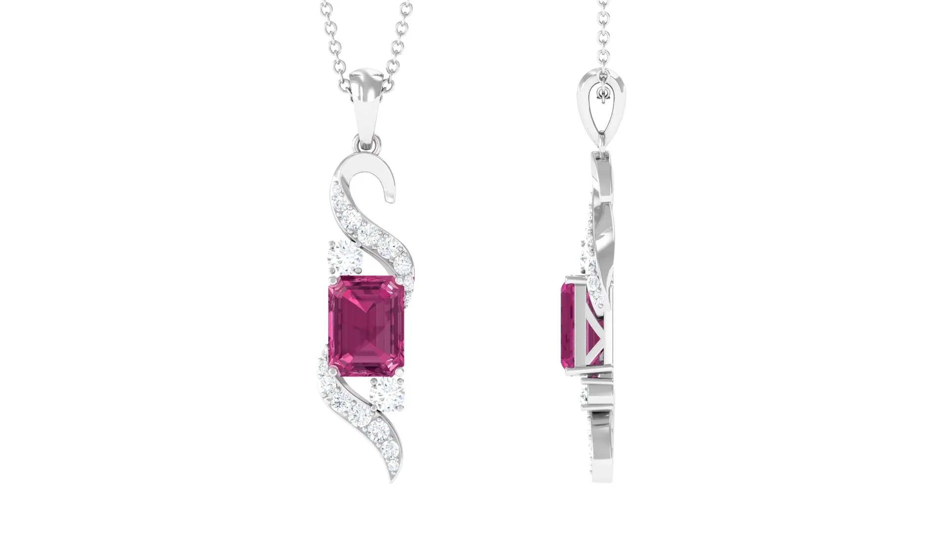 Emerald Cut Pink Tourmaline Designer Dangle Pendant with Moissanite