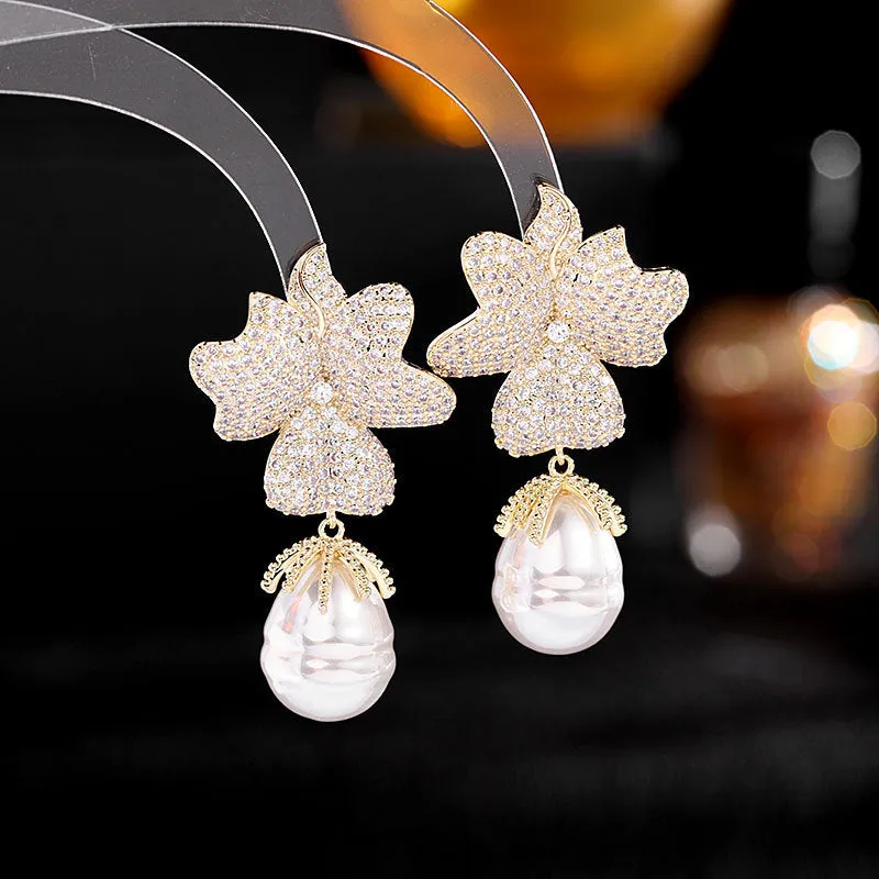 Exaggerated zircon earrings flower baroque pearl earrings