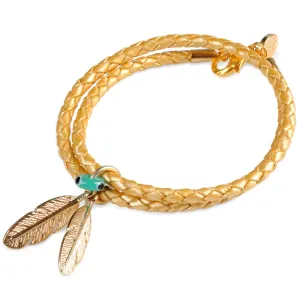 Feather Duo Evil Eye Charm Double Leather Braid Bracelet