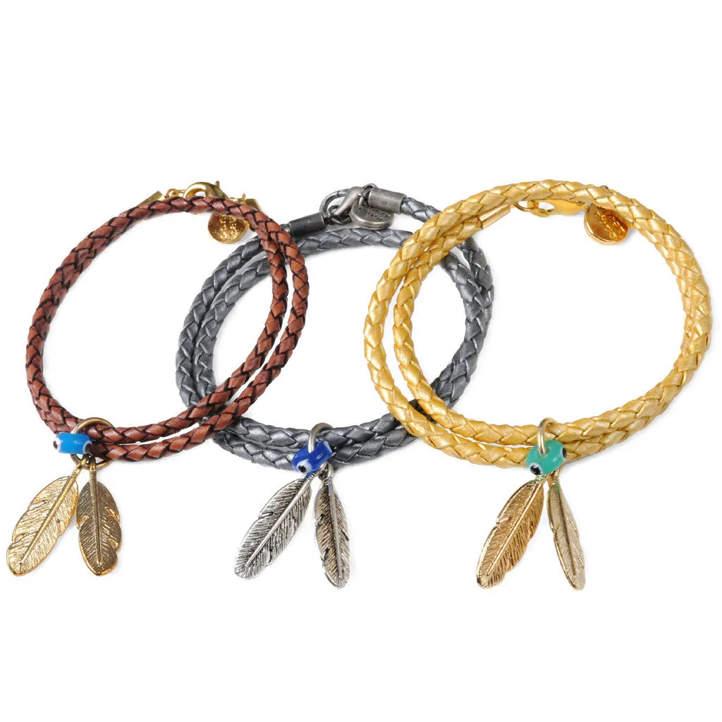 Feather Duo Evil Eye Charm Double Leather Braid Bracelet