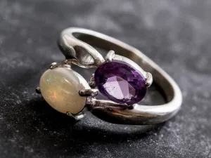 Fire Opal Ring - Purple Bypass Ring - Two Stone Ring