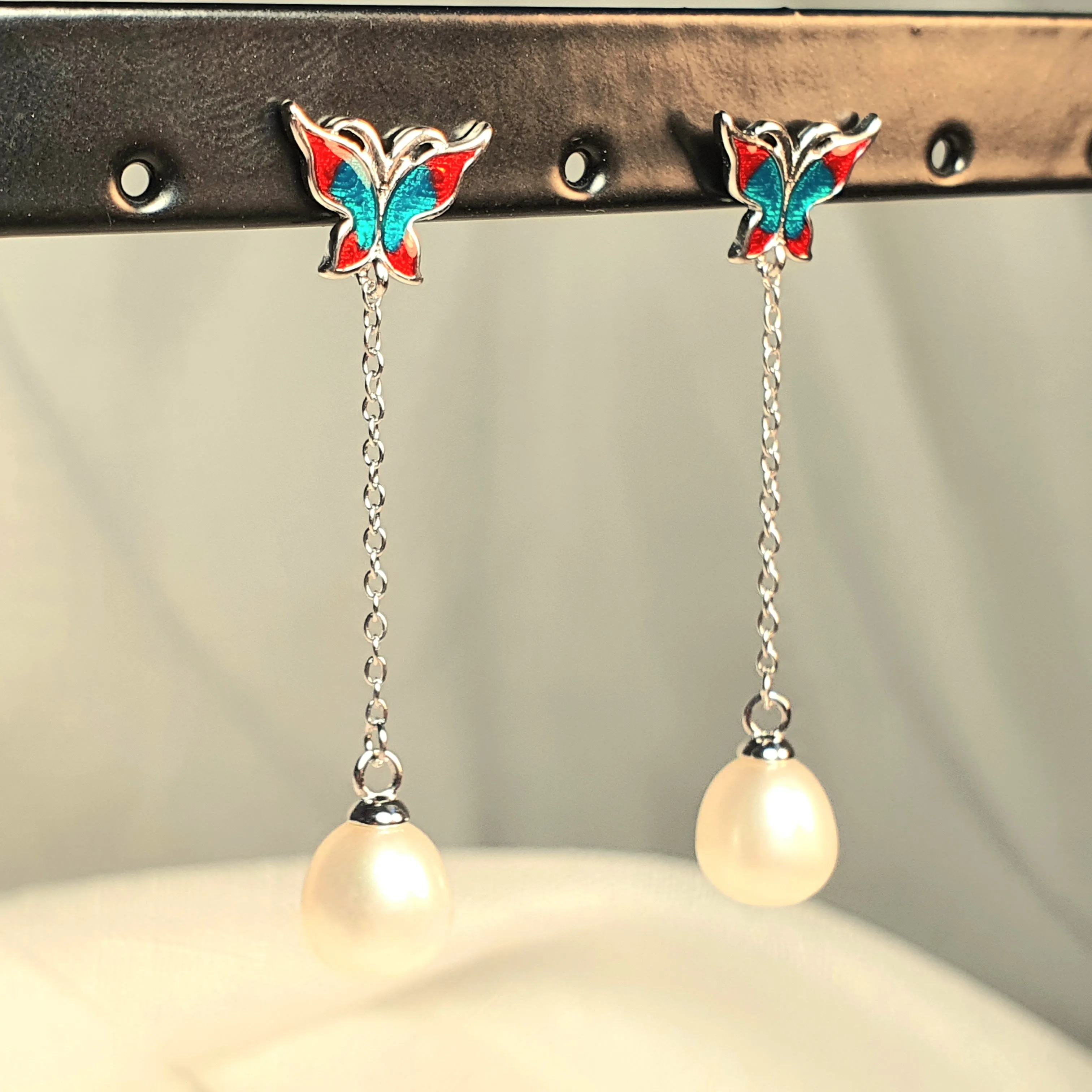 Freshwater Pearl  & Enamel Earrings, Sterling Silver