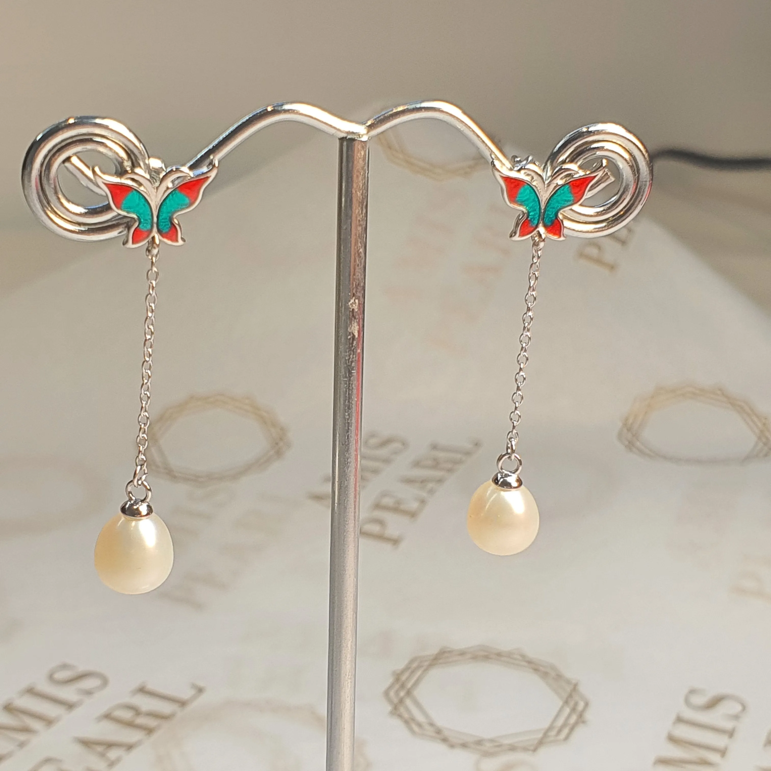 Freshwater Pearl  & Enamel Earrings, Sterling Silver