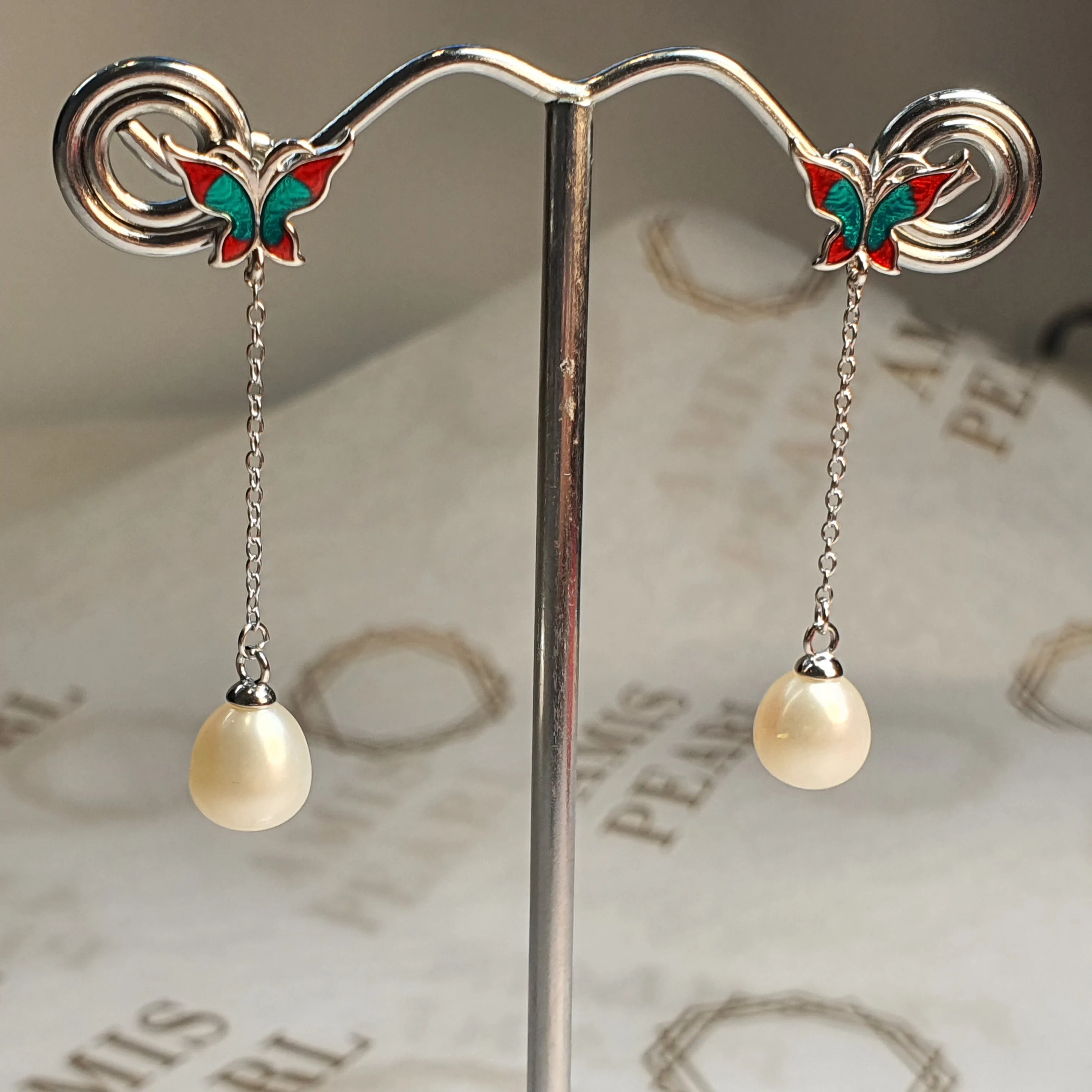 Freshwater Pearl  & Enamel Earrings, Sterling Silver