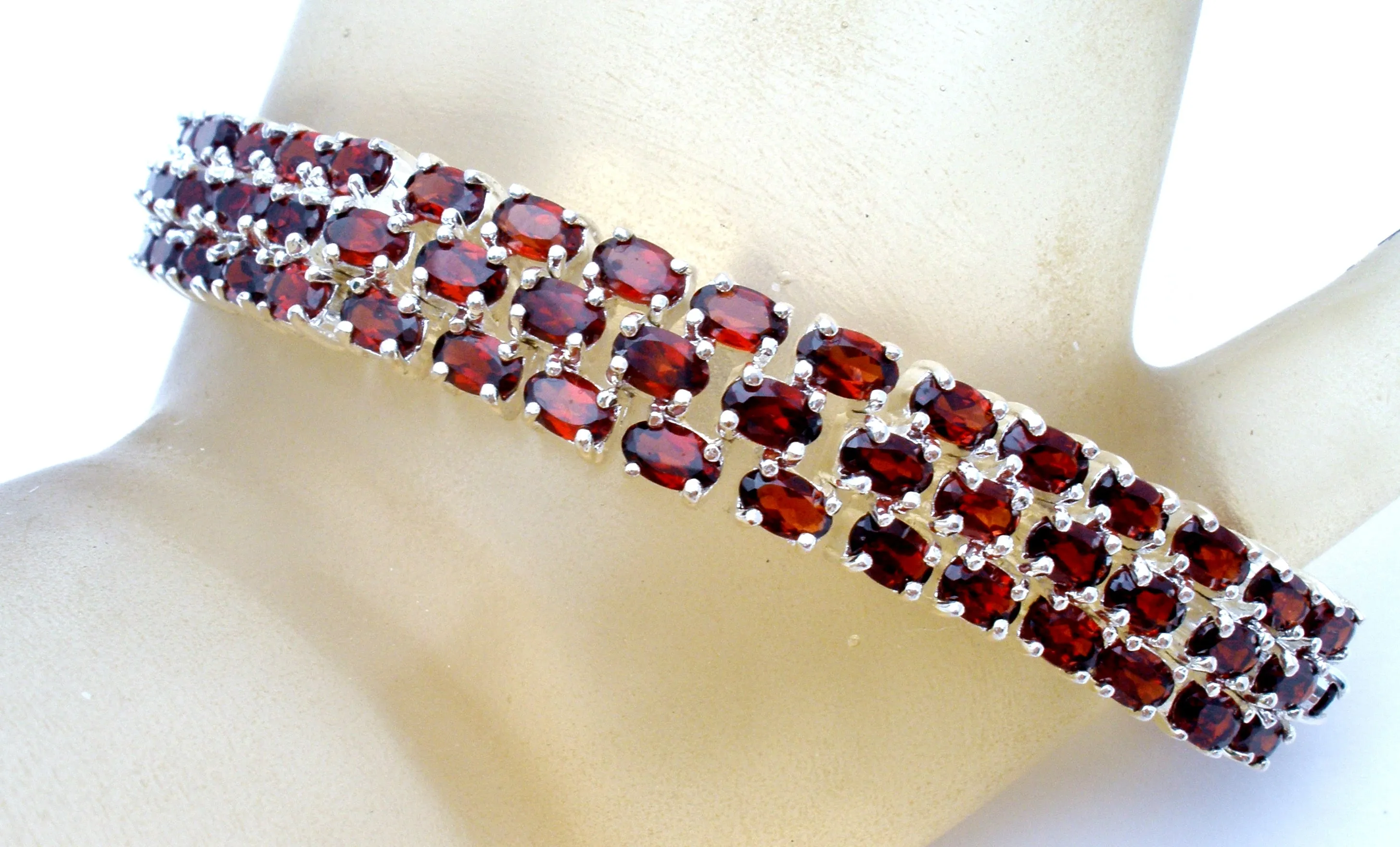 Garnet Tennis Bracelet 3 Row Sterling Silver