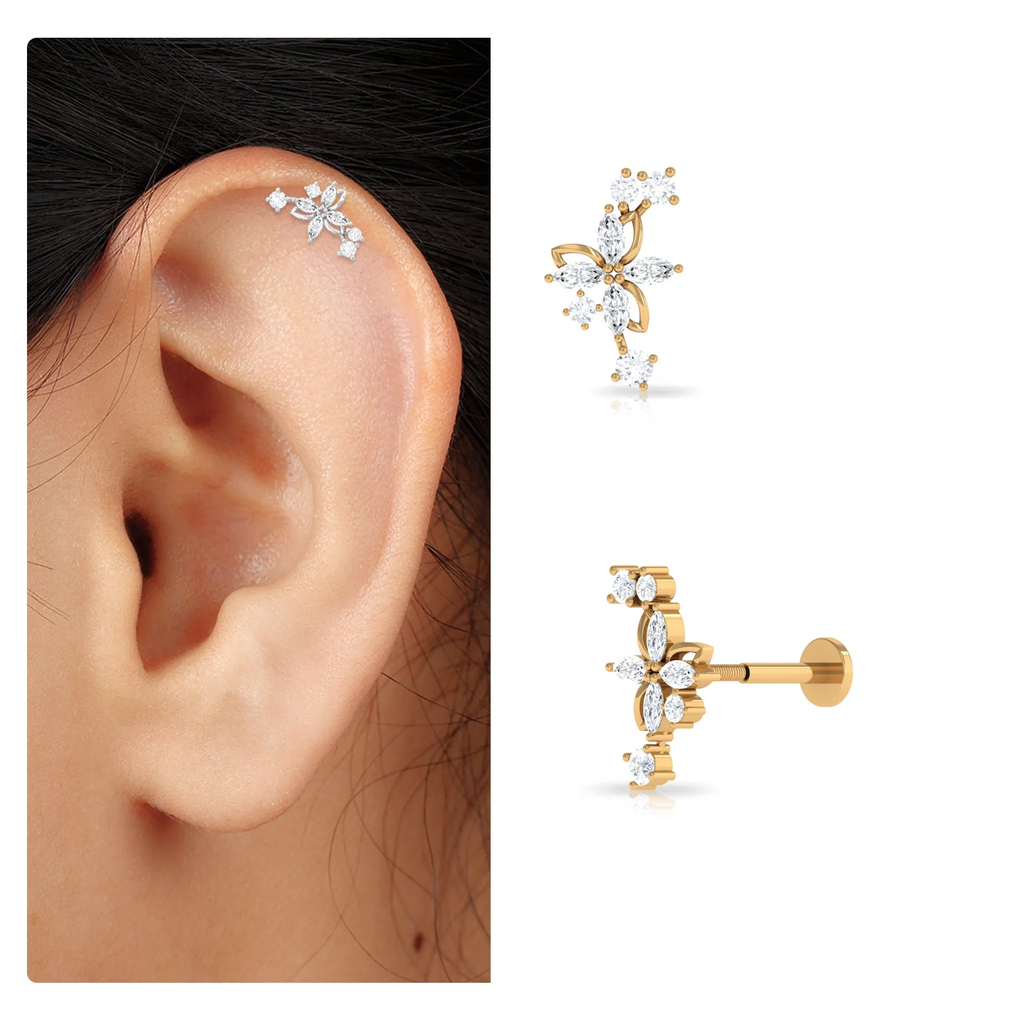 Genuine Diamond Flower Crawler Earring