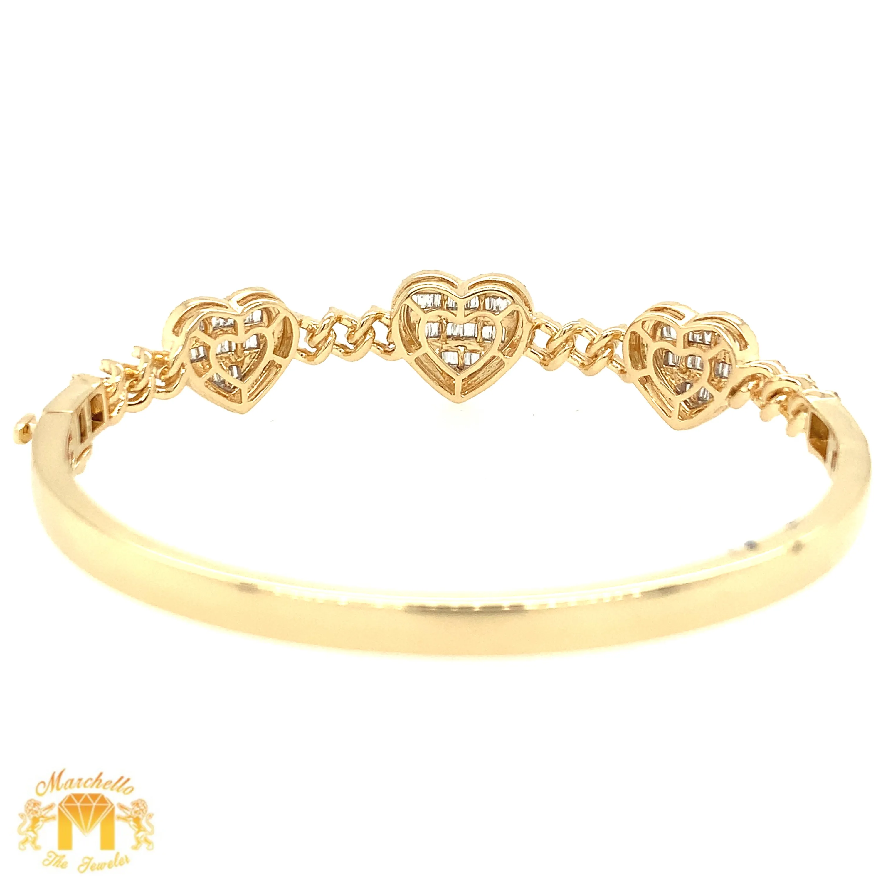 Gold 3 Hearts Cuff Bracelet with natural baguette and round diamonds