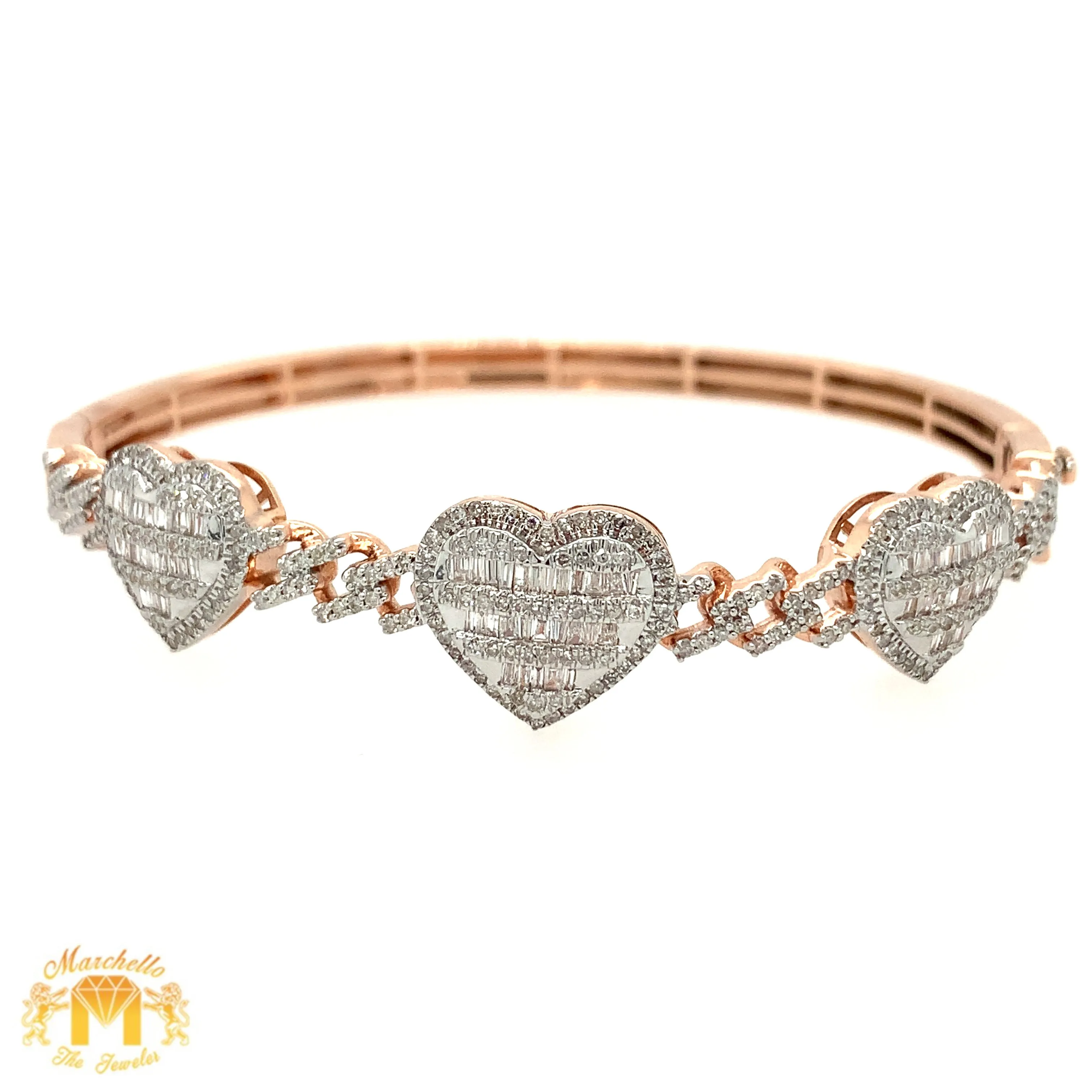 Gold 3 Hearts Cuff Bracelet with natural baguette and round diamonds