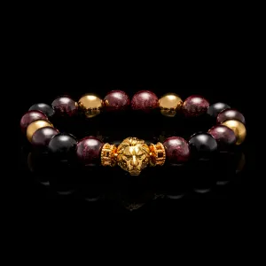 Gold Lion Bracelet in Garnet, Obsidian