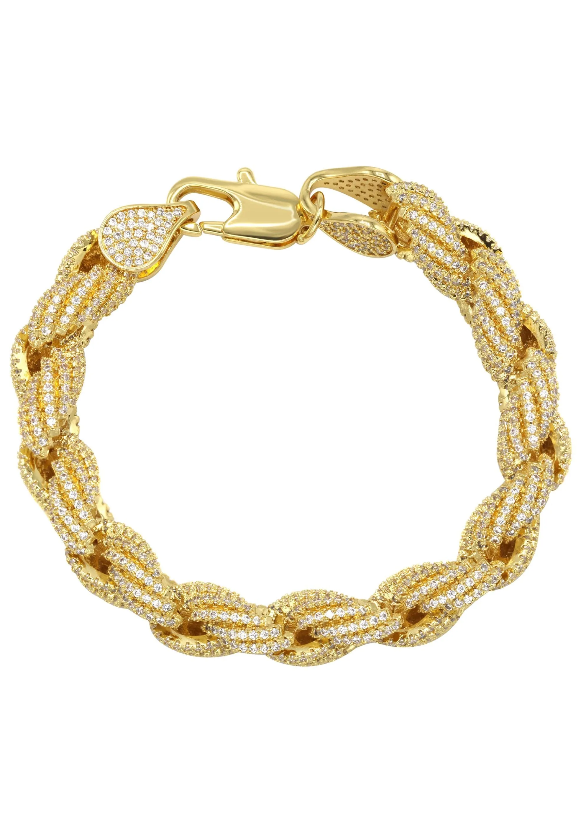 Gold Plated Mens Iced Out Solid Rope Bracelet