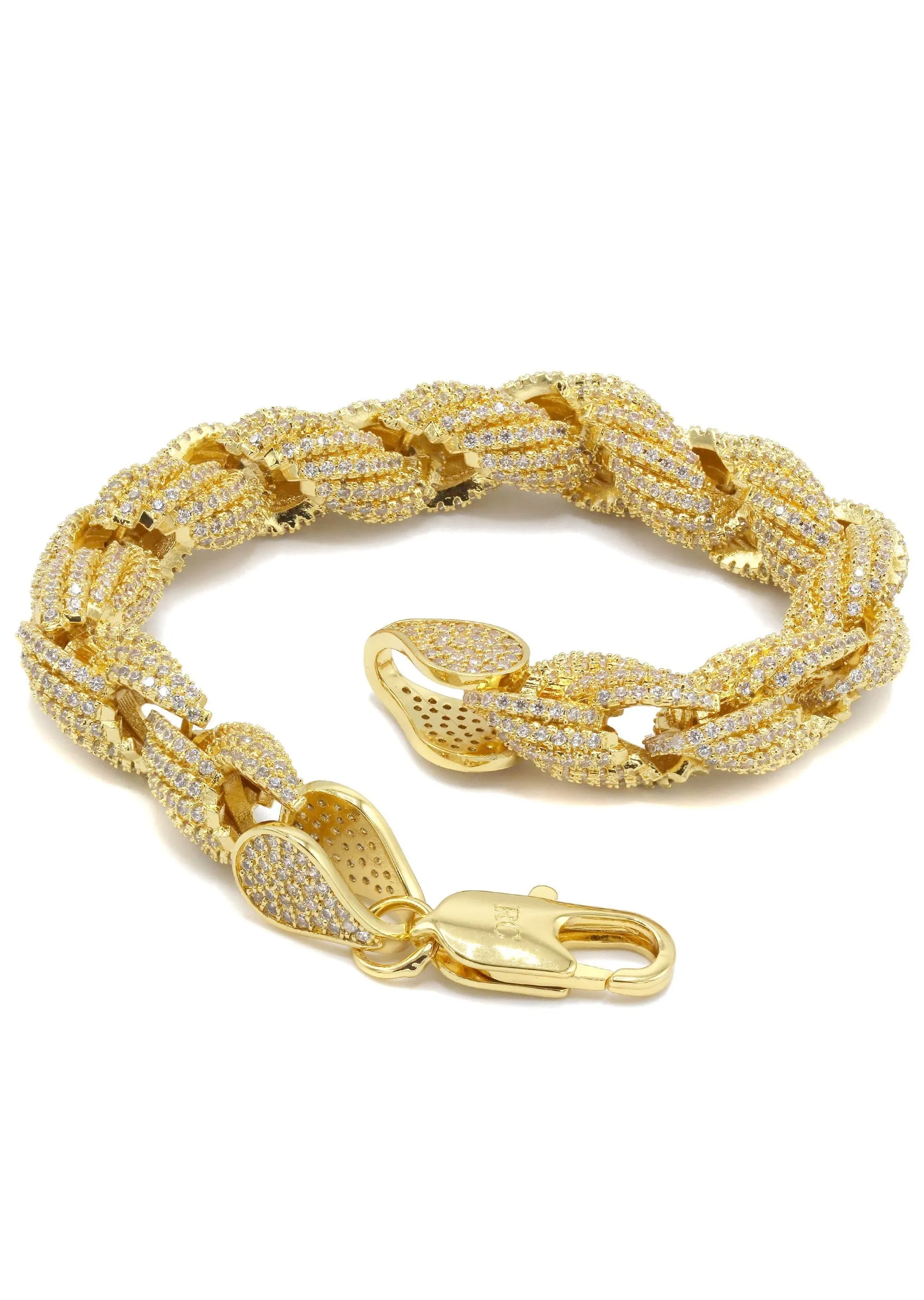 Gold Plated Mens Iced Out Solid Rope Bracelet