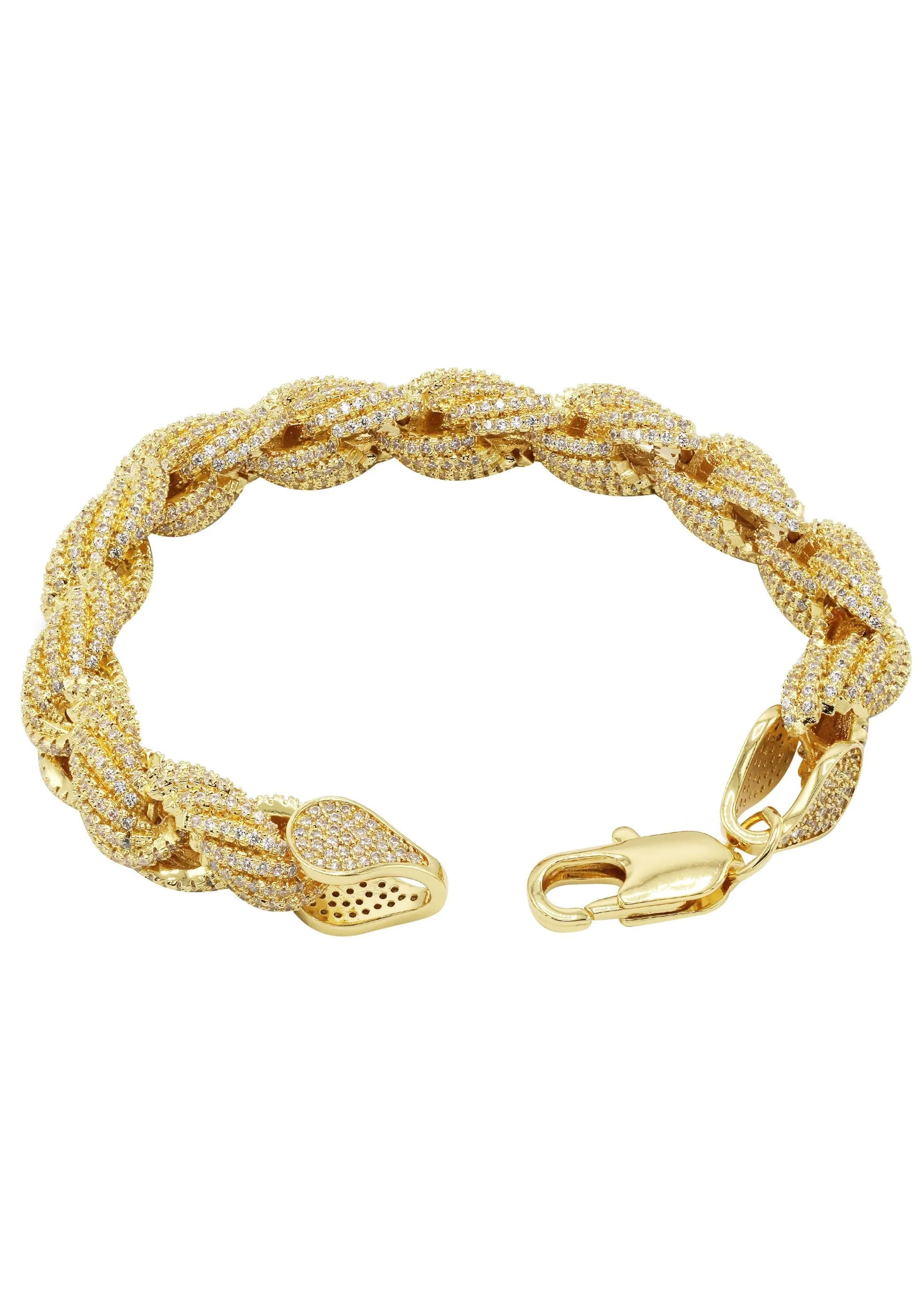 Gold Plated Mens Iced Out Solid Rope Bracelet