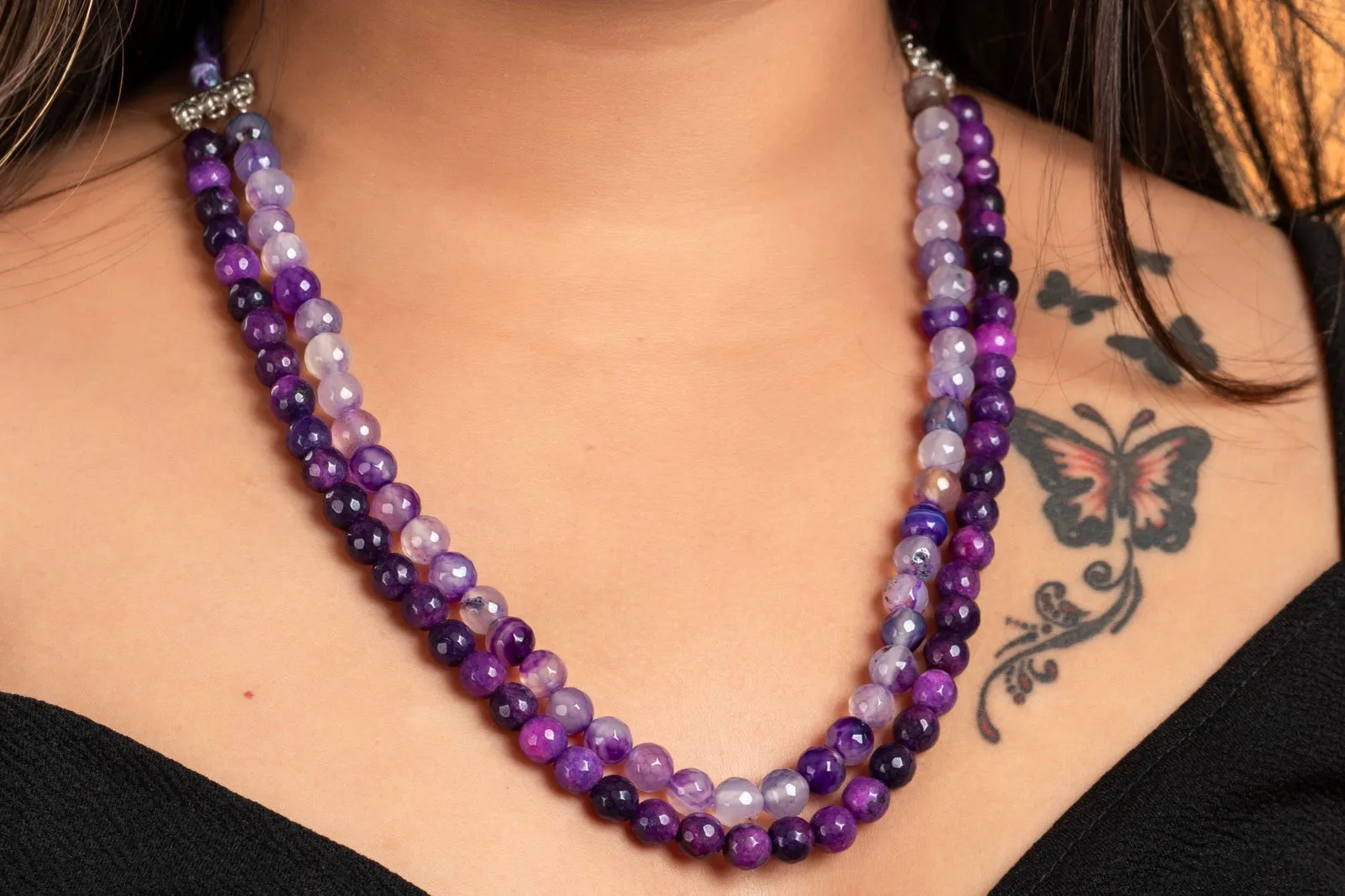 Handcrafted Double Line Purple Onyx Necklace With Adjustable Dori - Lightweight And Unique Jewelry For Women