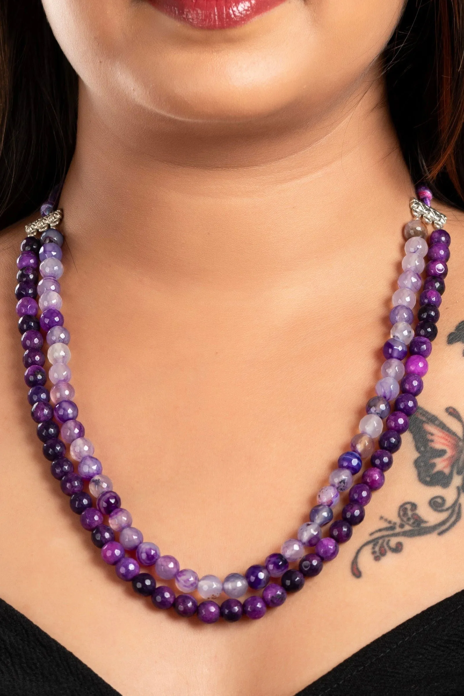 Handcrafted Double Line Purple Onyx Necklace With Adjustable Dori - Lightweight And Unique Jewelry For Women