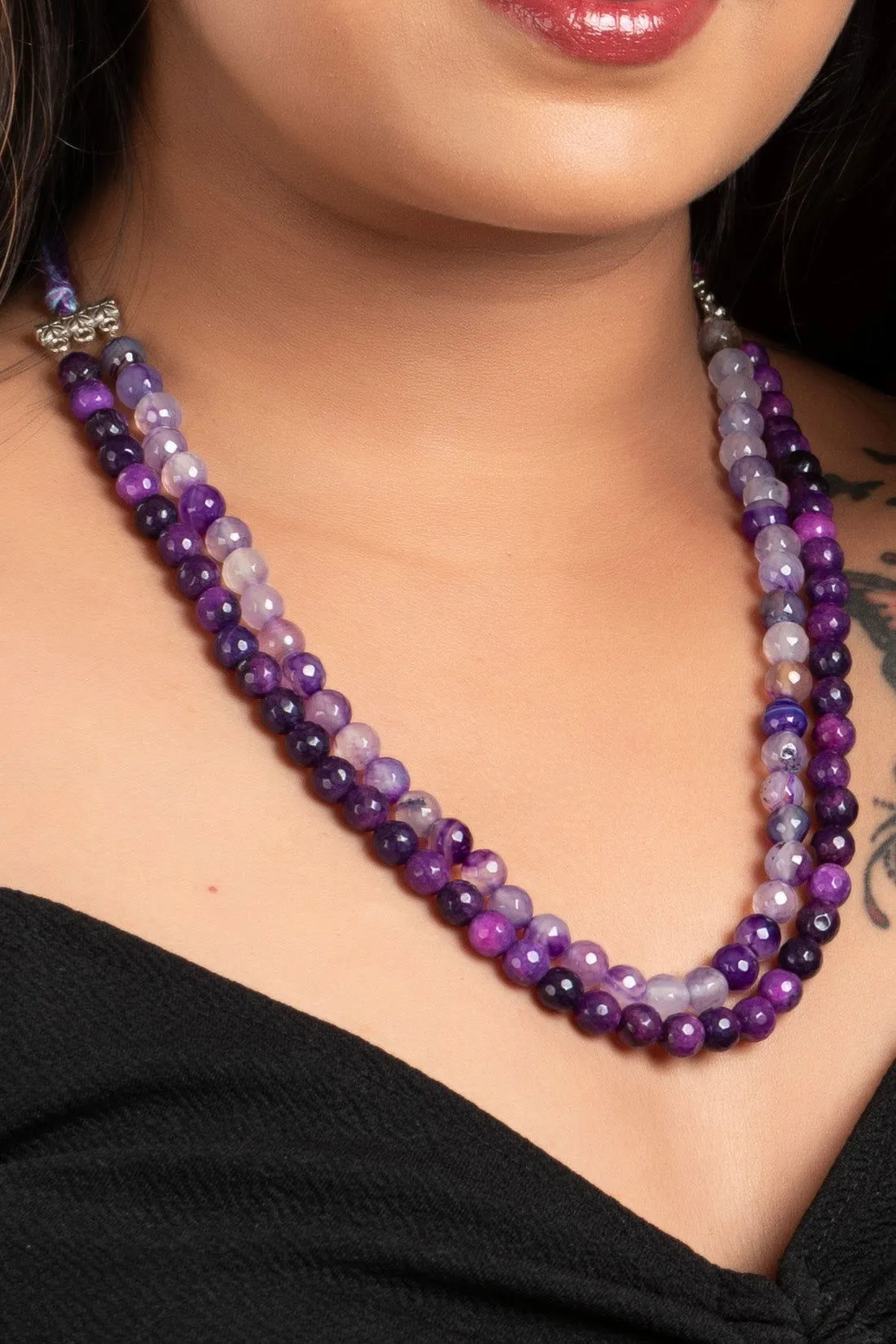 Handcrafted Double Line Purple Onyx Necklace With Adjustable Dori - Lightweight And Unique Jewelry For Women