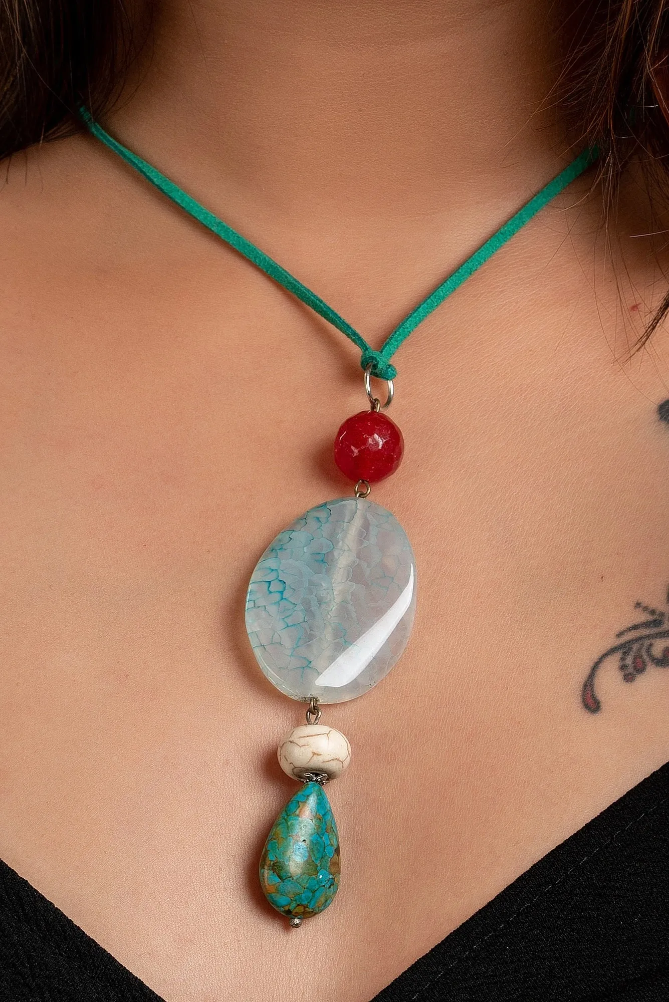 Handmade Agate Turquoise Onyx Pendant with Adjustable Suede Cord Necklace- Unique Fabric Jewelry for Women