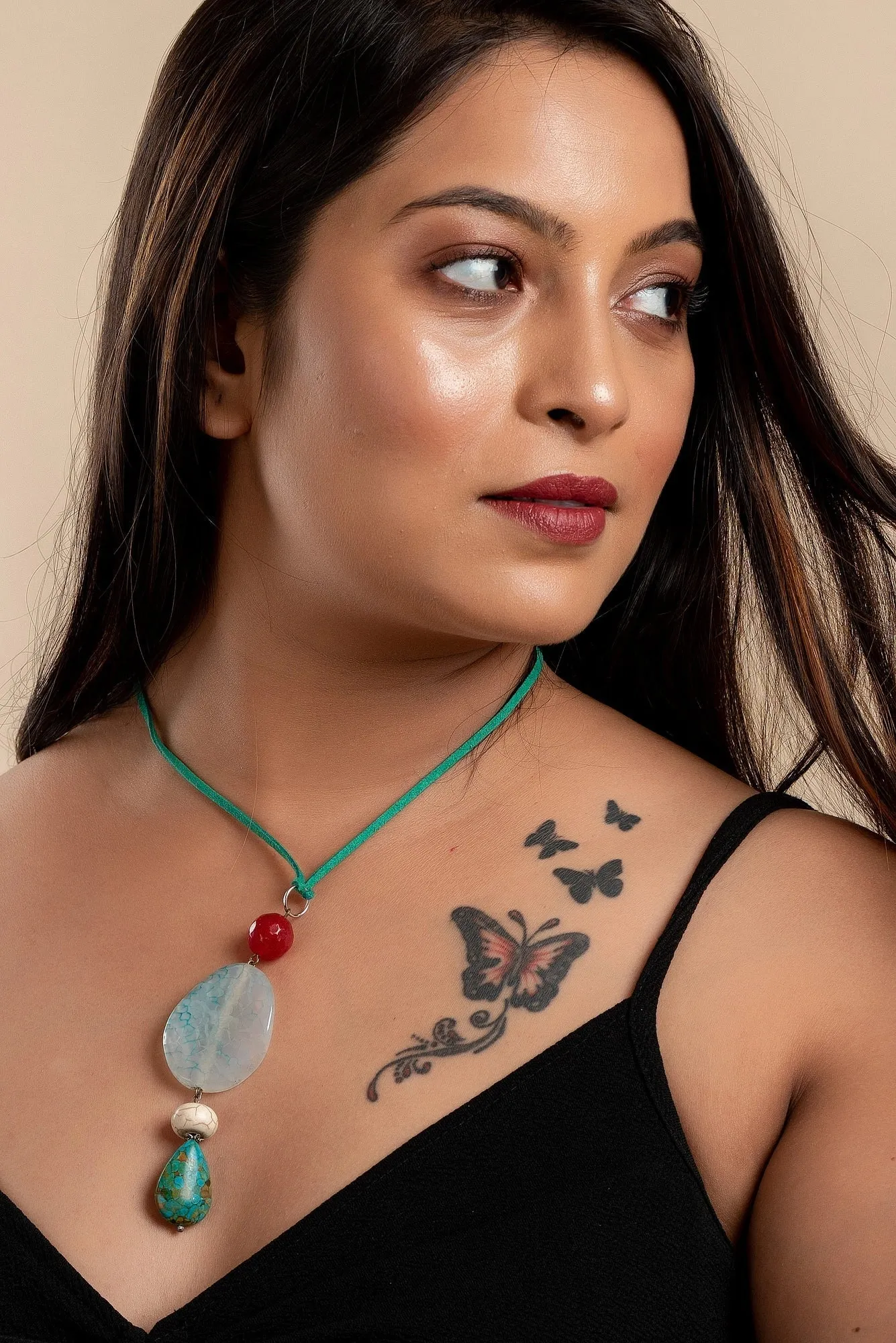 Handmade Agate Turquoise Onyx Pendant with Adjustable Suede Cord Necklace- Unique Fabric Jewelry for Women