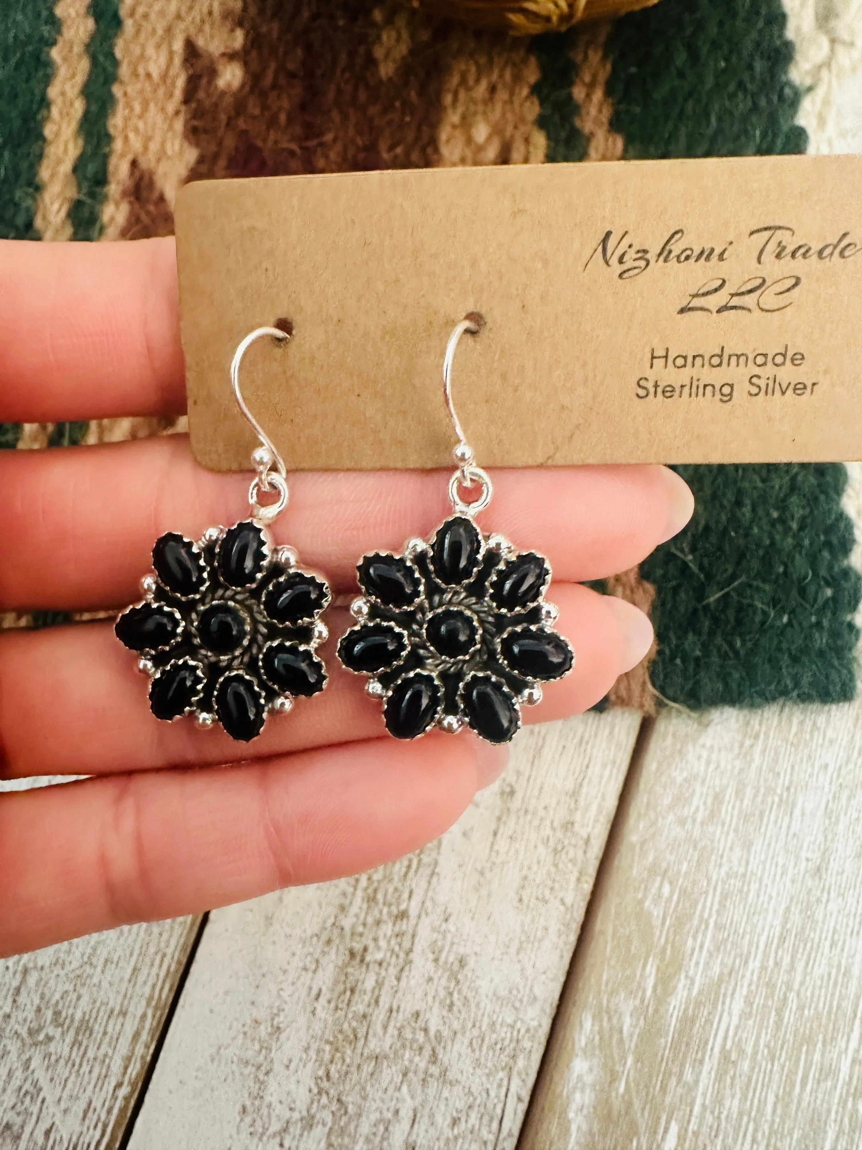 Handmade Black Onyx & Sterling Silver Cluster Dangle Earrings