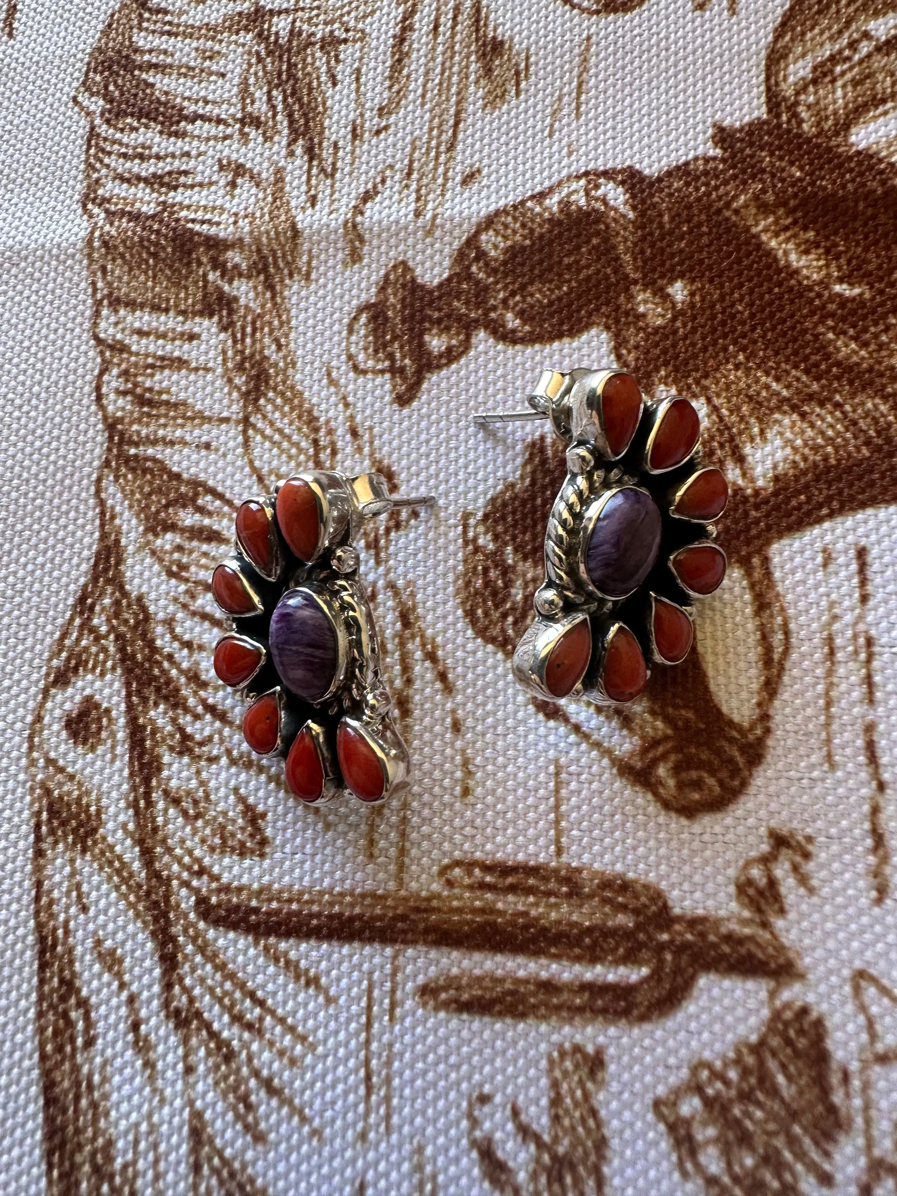 Handmade Coral, Purple Spiny and Sterling Silver Post Earrings Signed Nizhoni