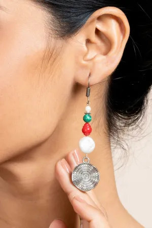 Handmade Earrings with Semi-Precious White Coin Pearl, Red Coral & Green Malachite