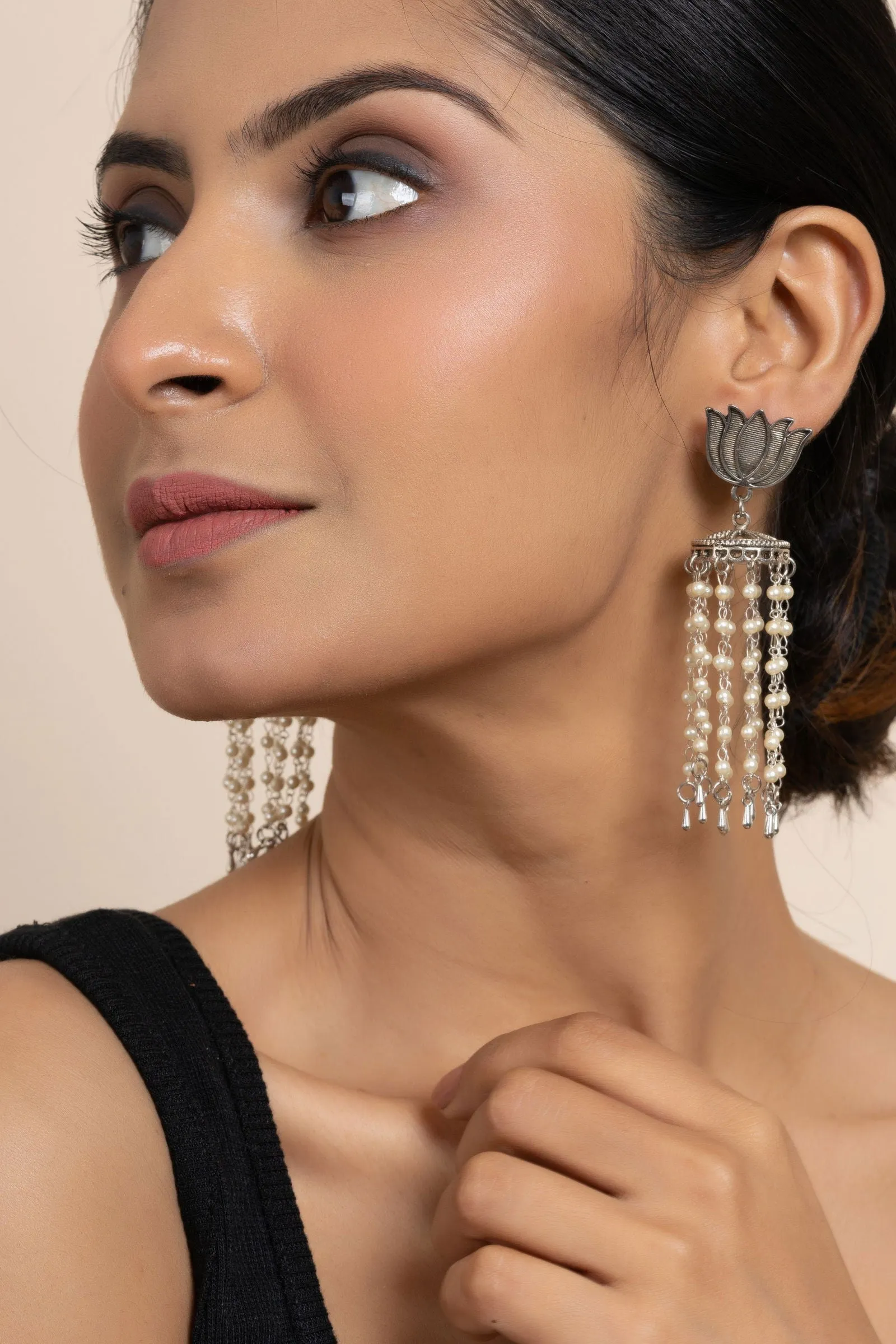 Handmade German Silver Lotus Stud with Pearl Chain Jhumka Earrings, Unique Design for All Occasions