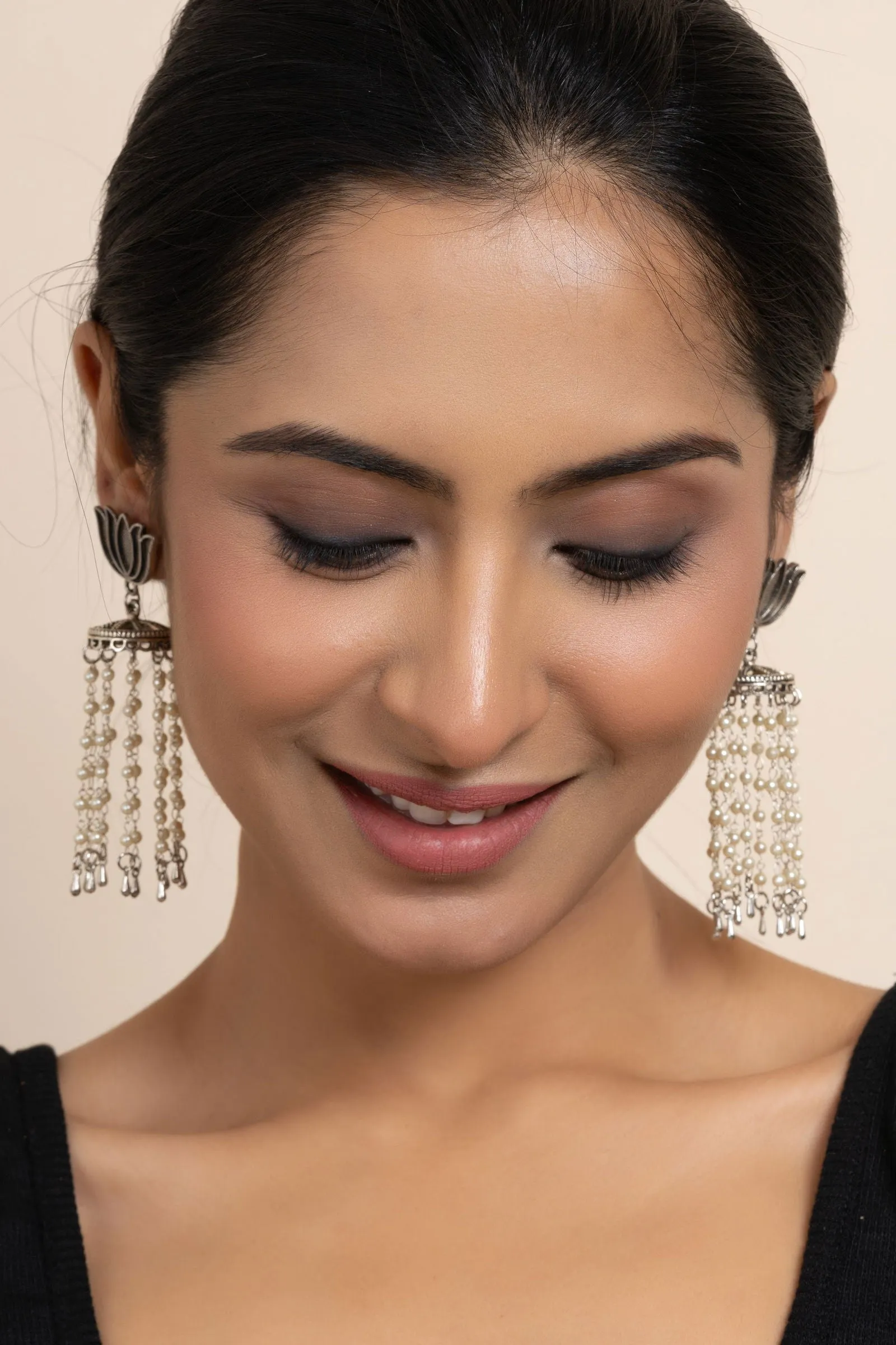 Handmade German Silver Lotus Stud with Pearl Chain Jhumka Earrings, Unique Design for All Occasions