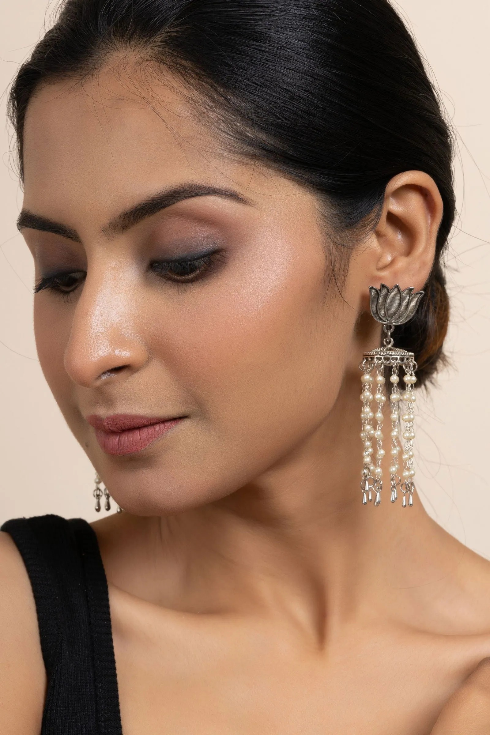 Handmade German Silver Lotus Stud with Pearl Chain Jhumka Earrings, Unique Design for All Occasions