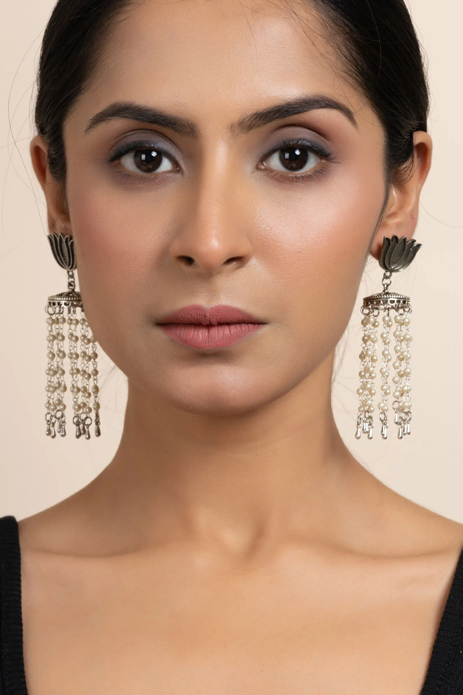 Handmade German Silver Lotus Stud with Pearl Chain Jhumka Earrings, Unique Design for All Occasions