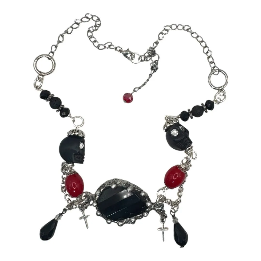 Handmade Gothic Black Onyx & Red Beaded Necklace With Skull & Cross Charms