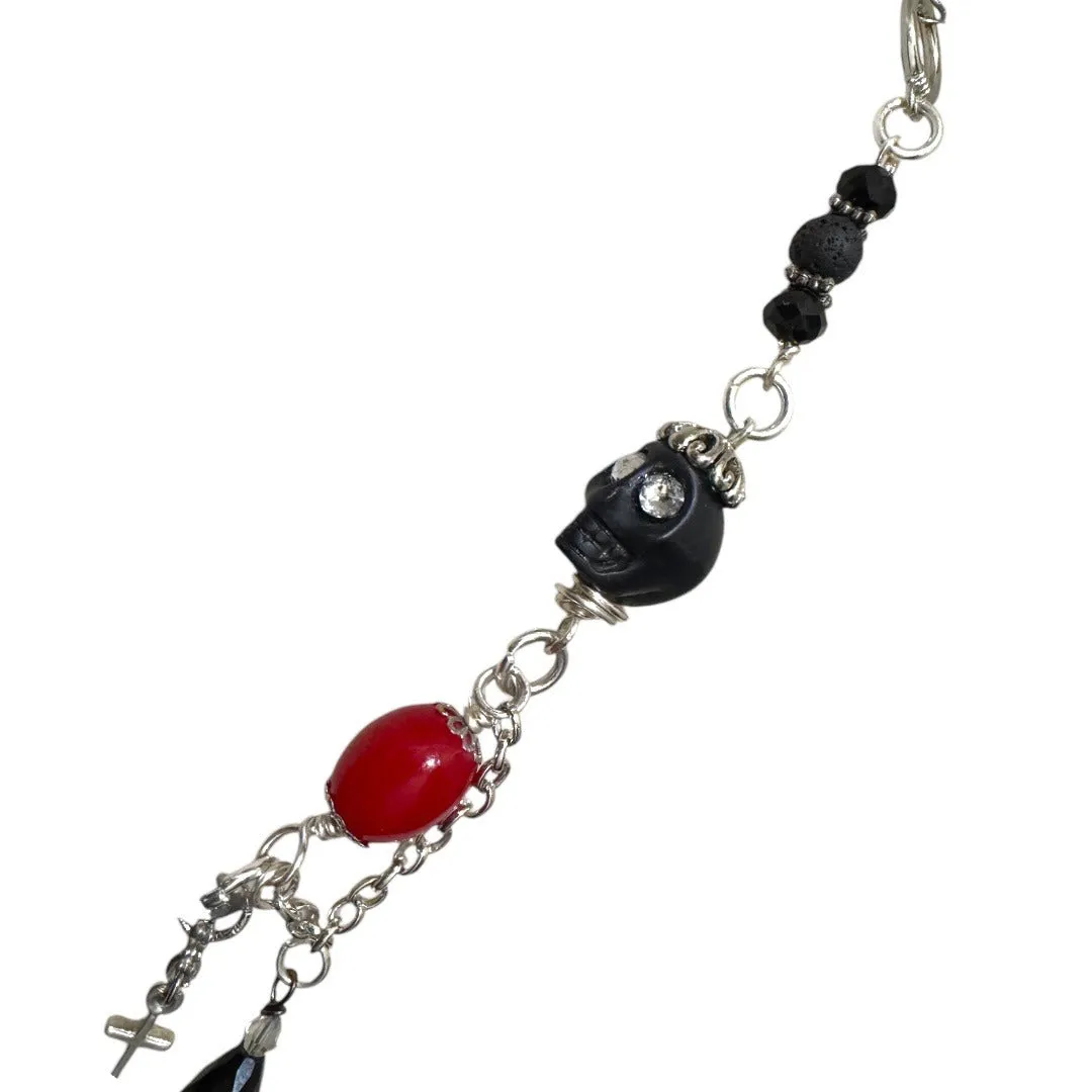 Handmade Gothic Black Onyx & Red Beaded Necklace With Skull & Cross Charms