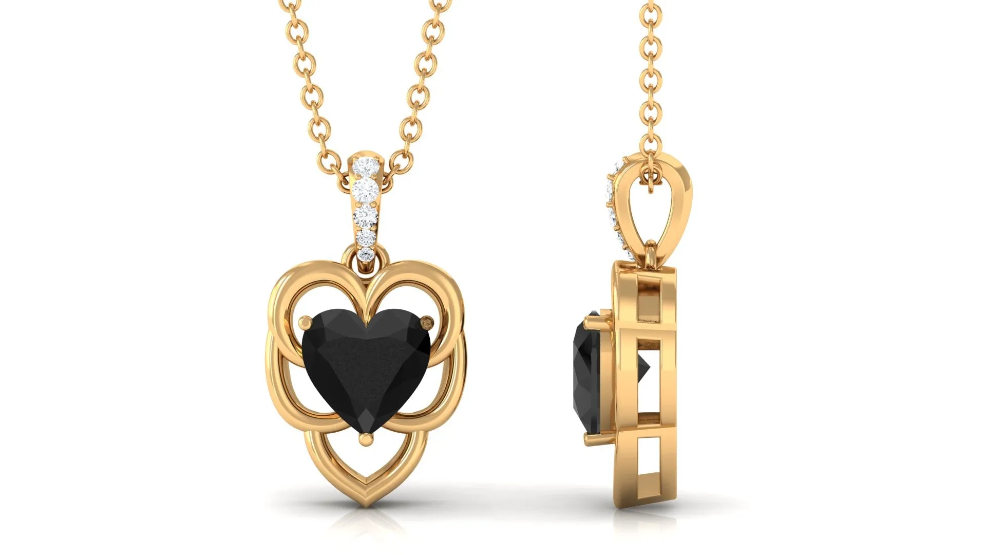 Heart Shape Black Onyx Solitaire Pendant Necklace with Diamond