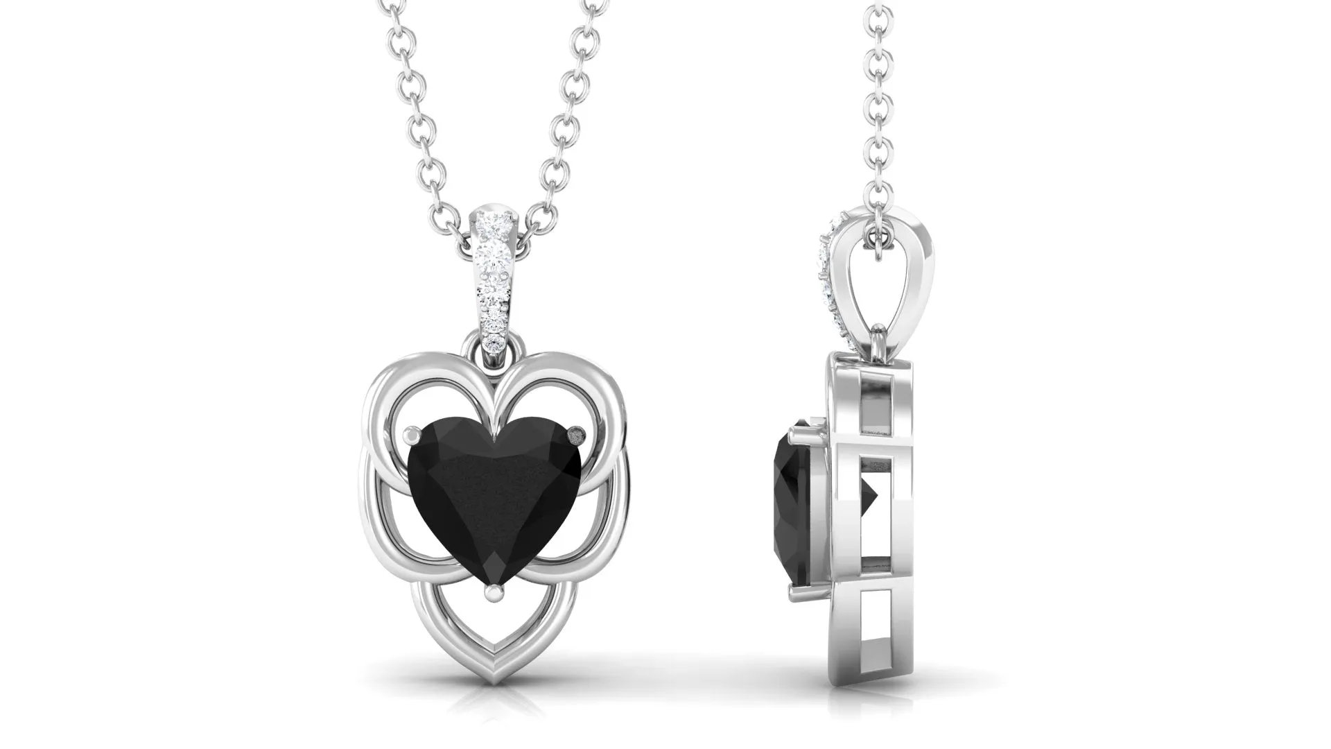 Heart Shape Black Onyx Solitaire Pendant Necklace with Diamond