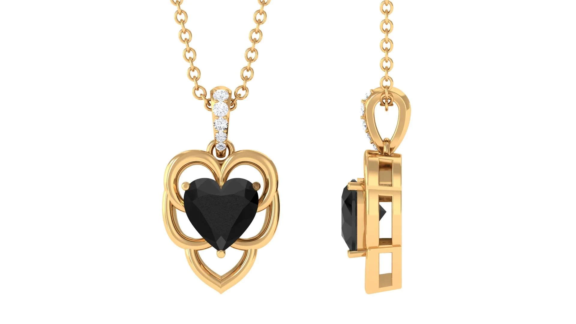 Heart Shape Black Onyx Solitaire Pendant Necklace with Diamond