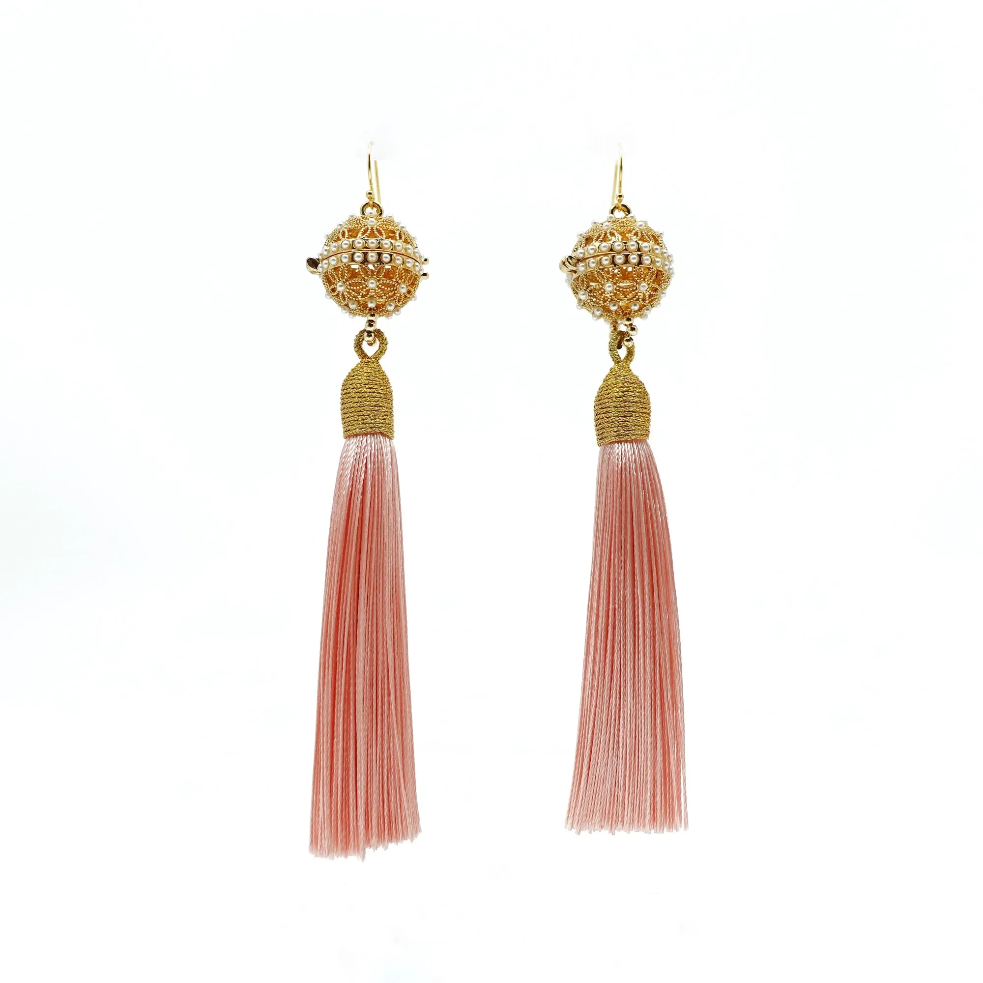 Herbal Locket Silk Tassel Earrings - Coral Pink