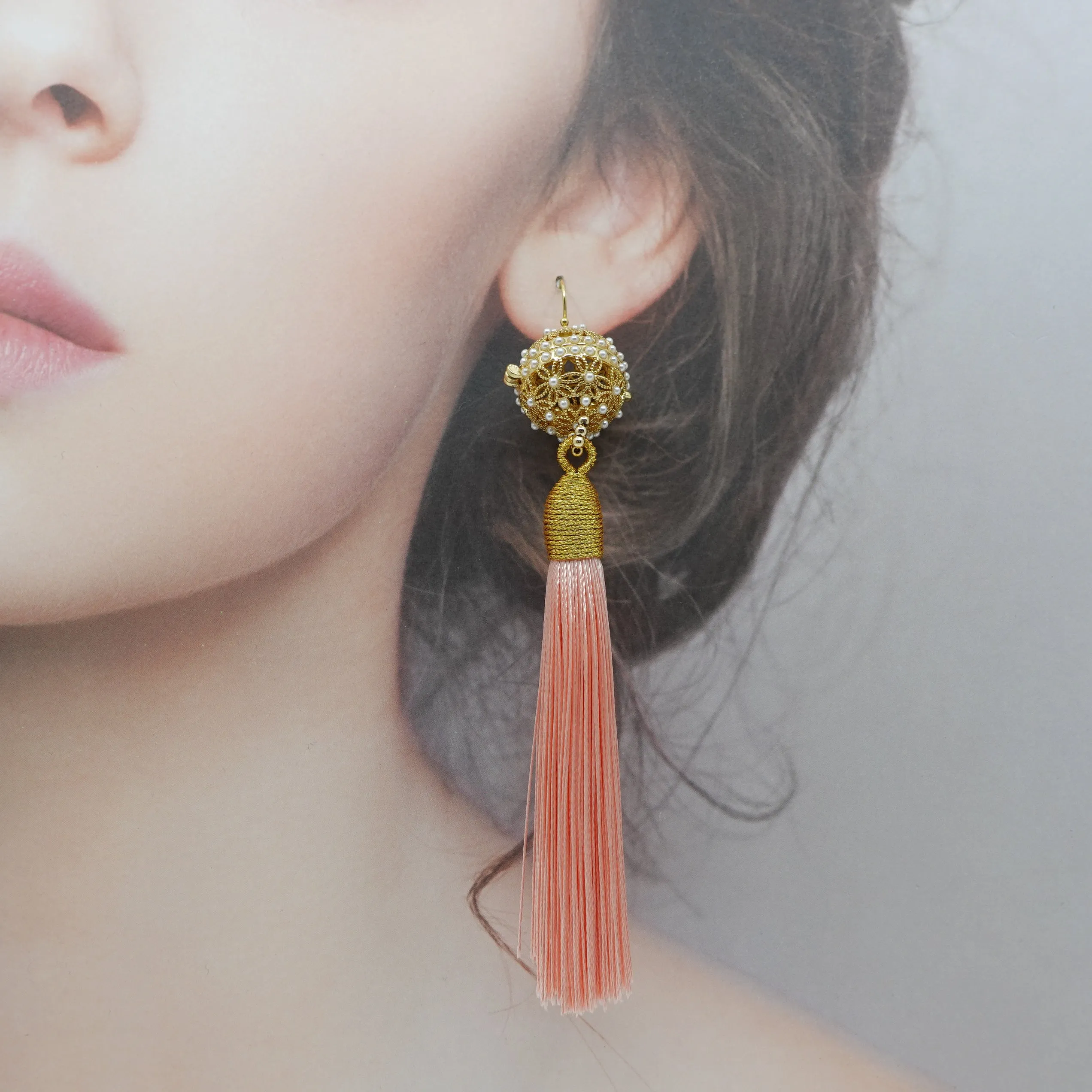 Herbal Locket Silk Tassel Earrings - Coral Pink