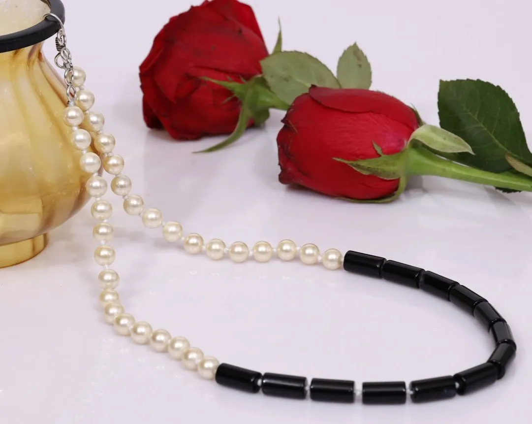 Imeora Black Onyx Necklace With 8mm Off White Shell Pearl