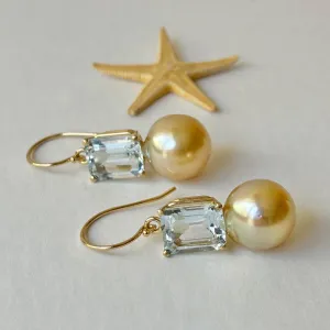 IRRESISTIBLE SOUTH SEA AND LARGE BLUE TOPAZ 14K PEARL EARRINGS