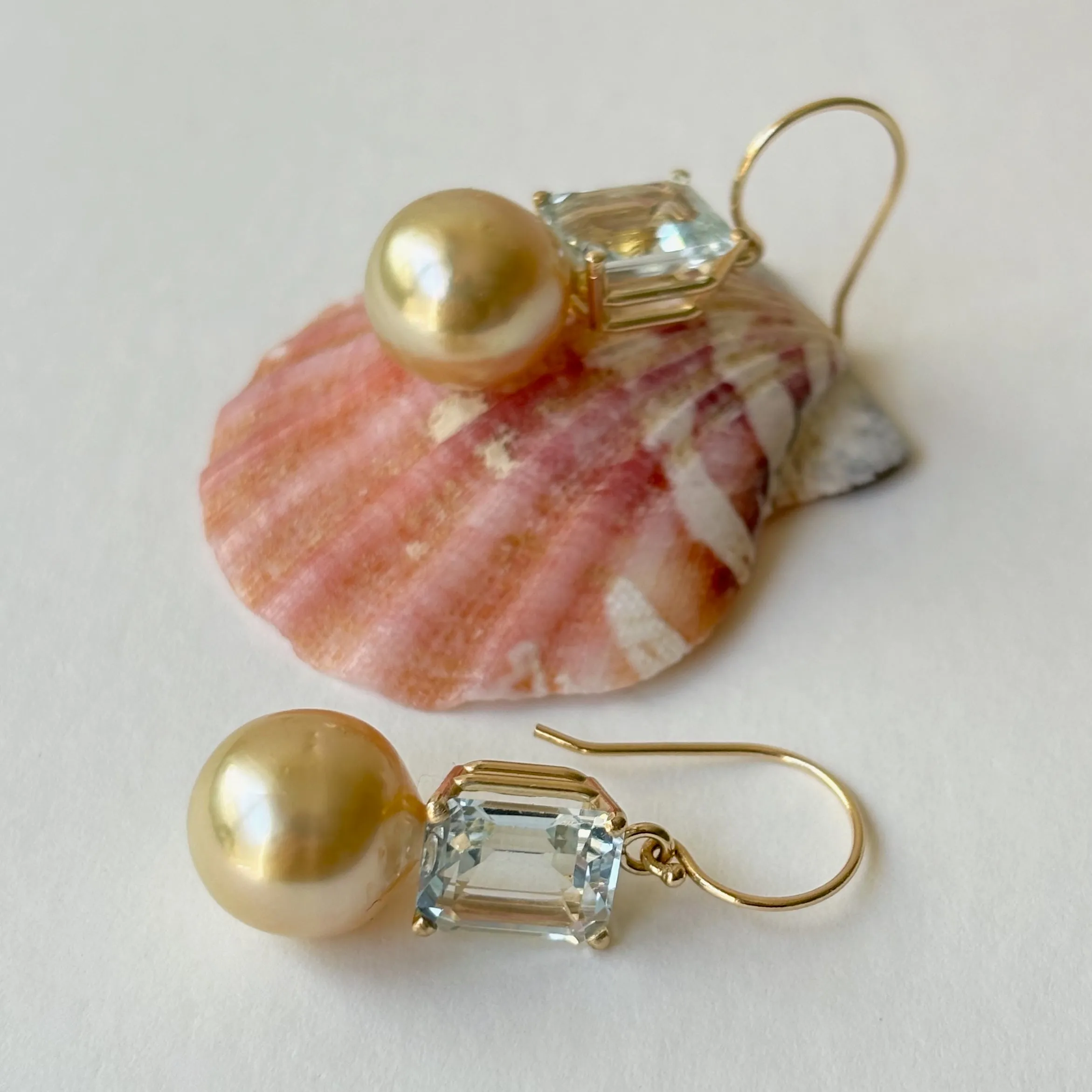 IRRESISTIBLE SOUTH SEA AND LARGE BLUE TOPAZ 14K PEARL EARRINGS