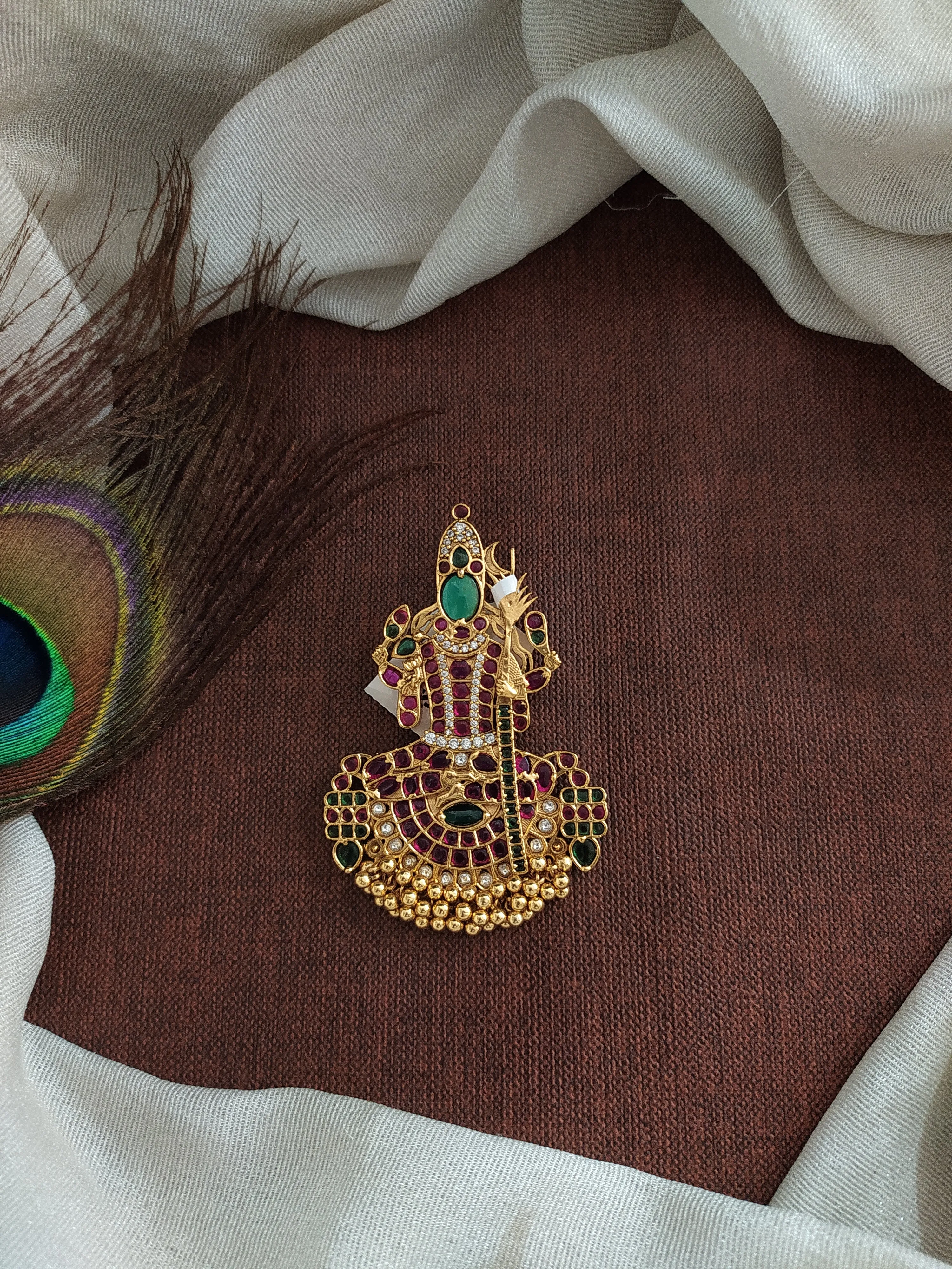 Kemp Goddess Kamakshi Pendant with Ruby, Green, and White Stones