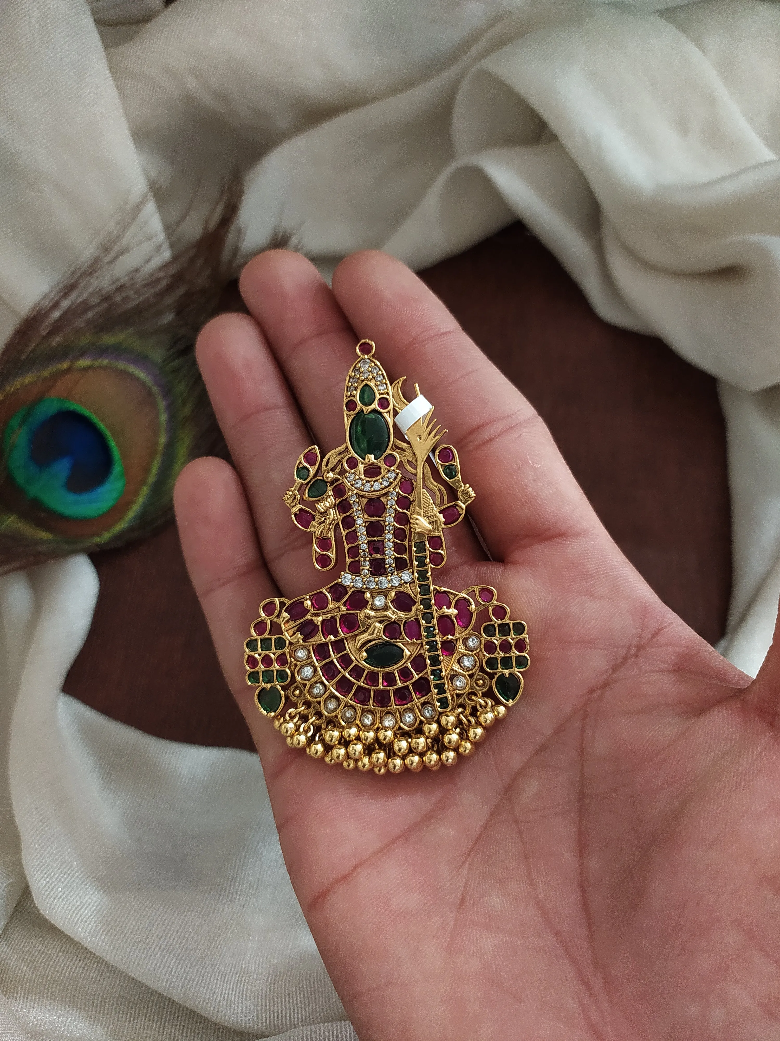 Kemp Goddess Kamakshi Pendant with Ruby, Green, and White Stones