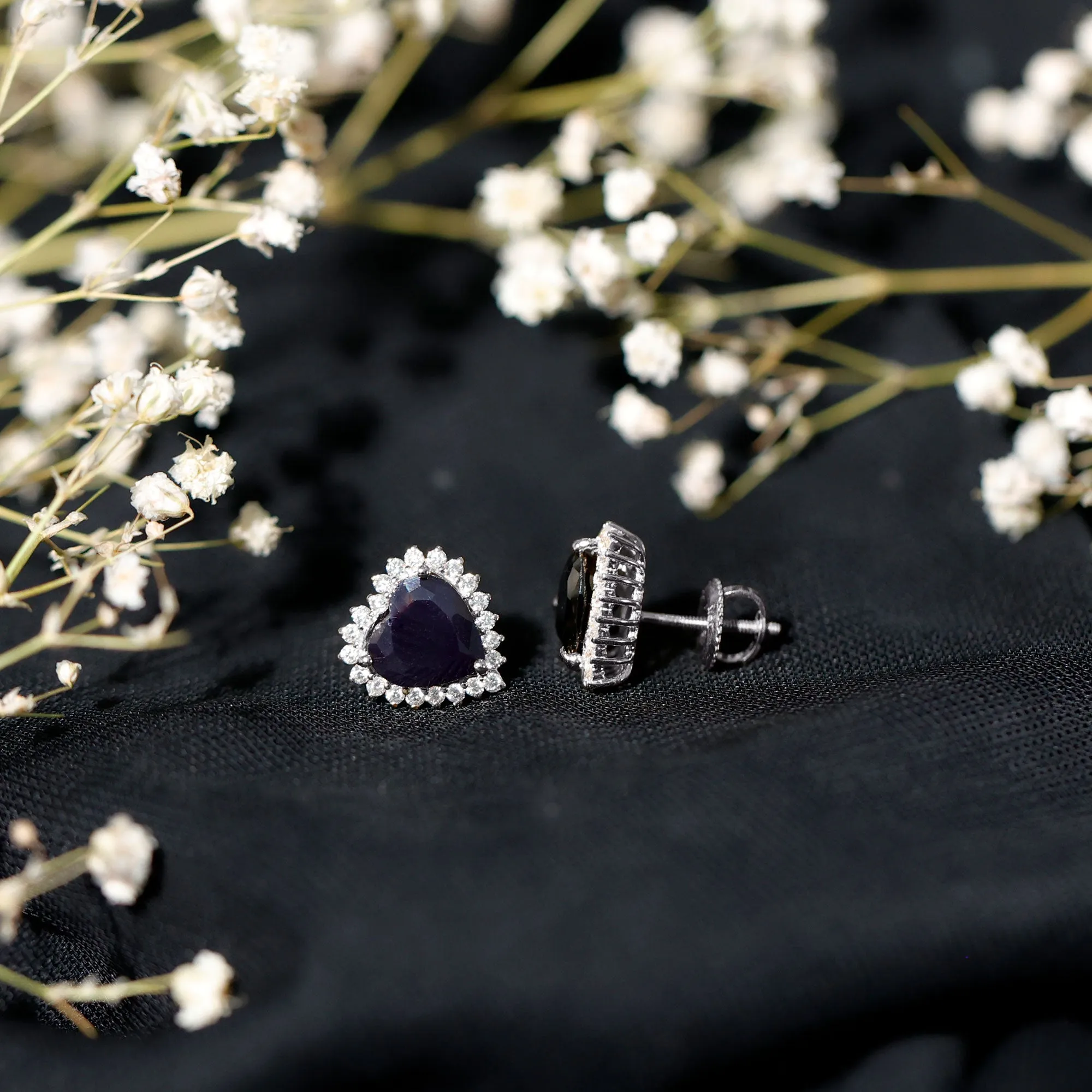 Lab Created Black Diamond Heart Stud Earrings With Moissanite Halo