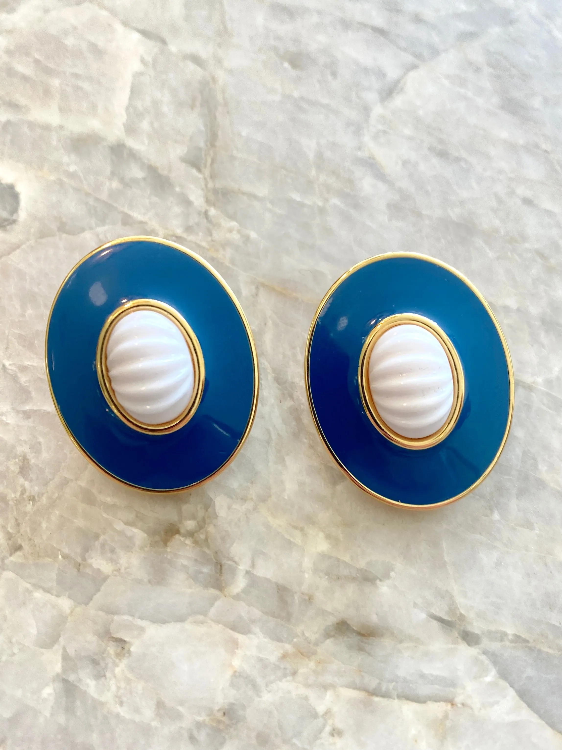 Large Blue Enamel & Faux Pearl Earrings (Vintage)