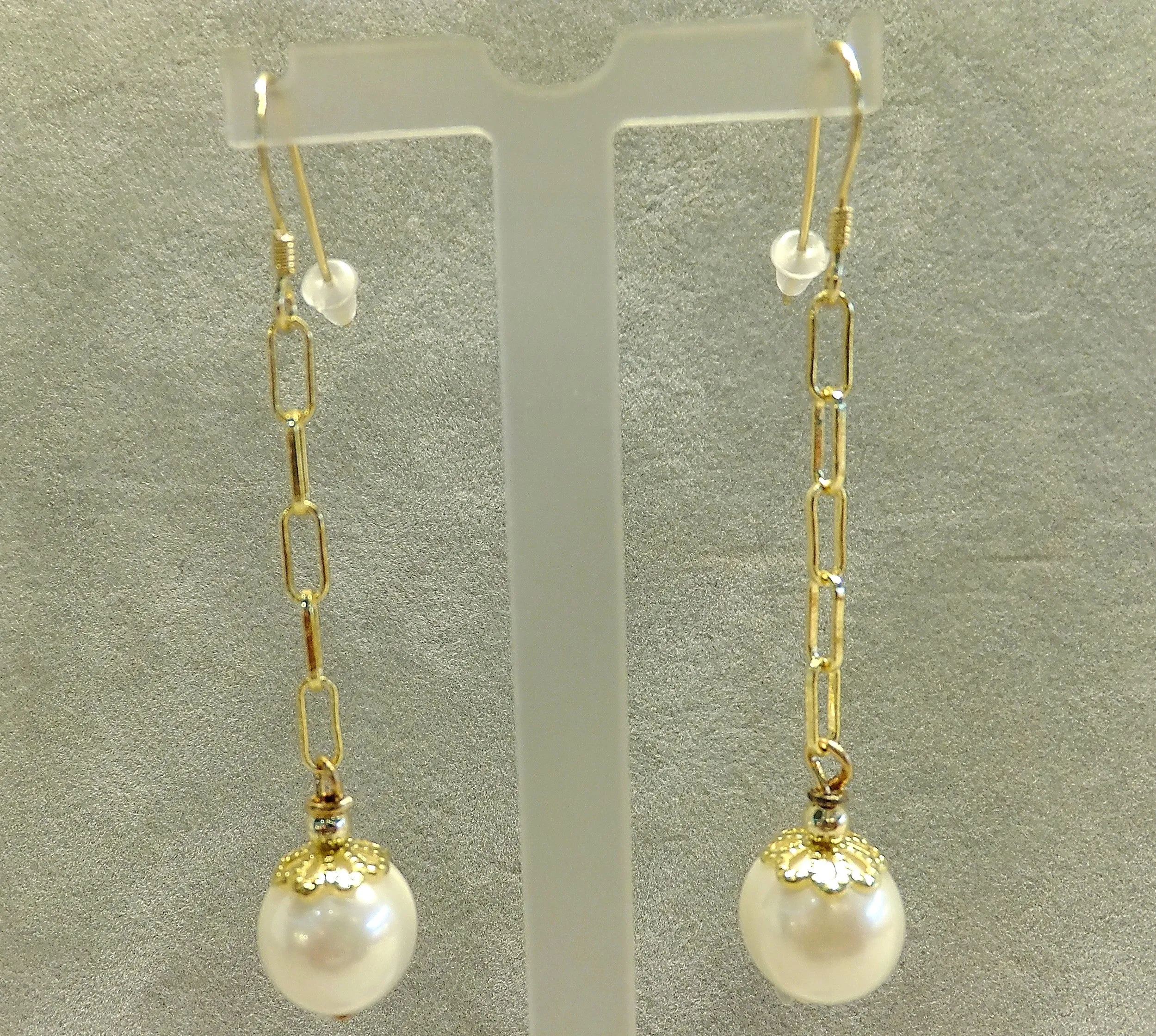 Long White Pearl Earrings in Gold