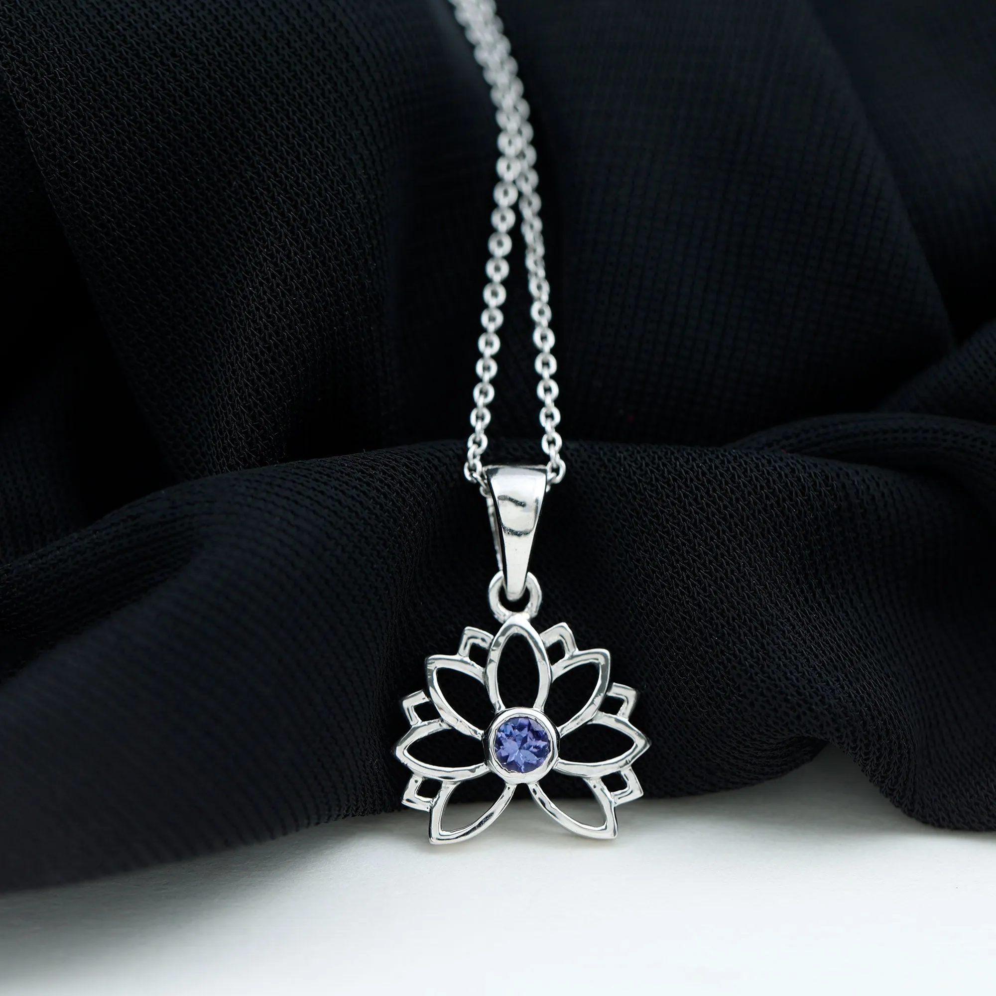 Lotus Flower Pendant with 3 MM Round Cut Tanzanite