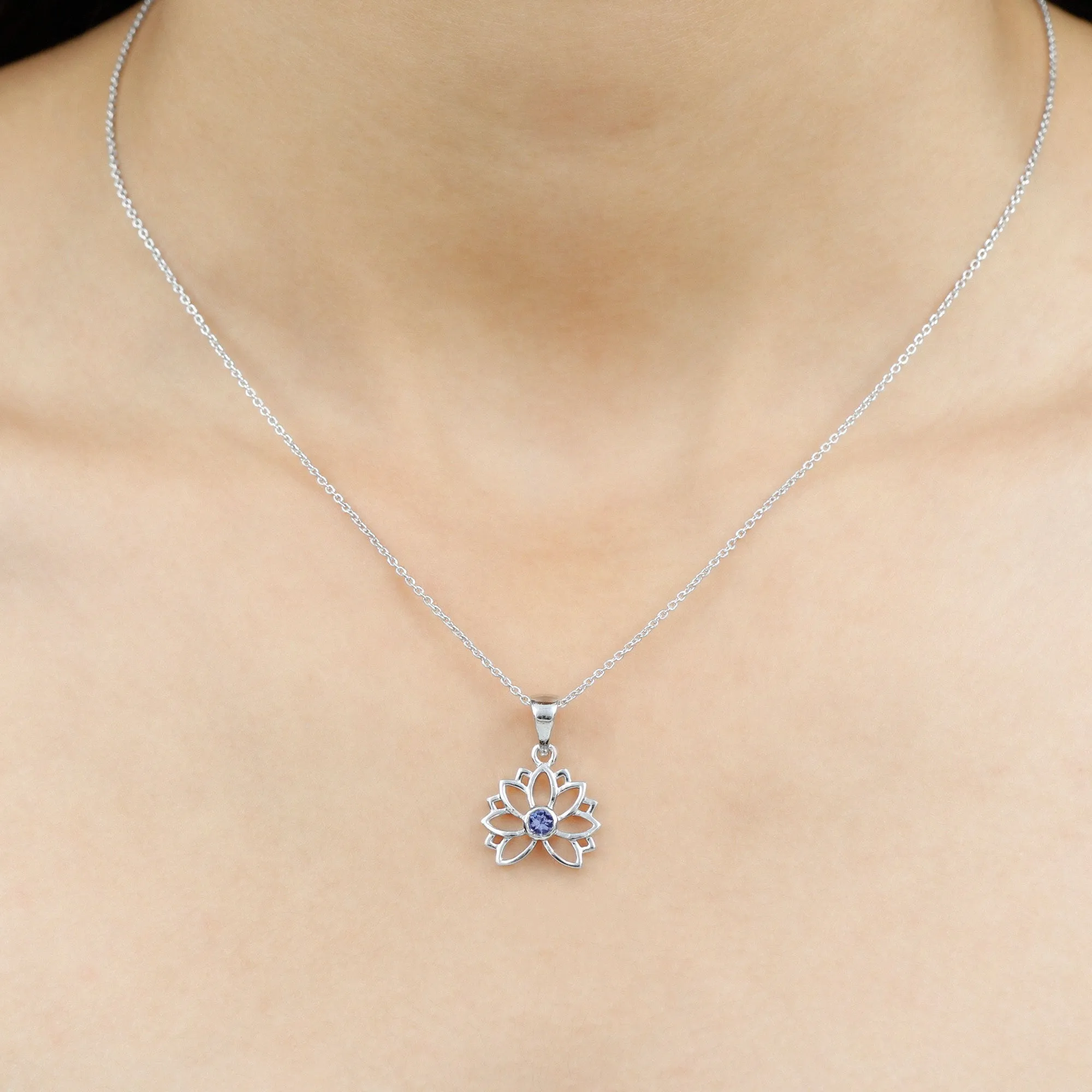 Lotus Flower Pendant with 3 MM Round Cut Tanzanite