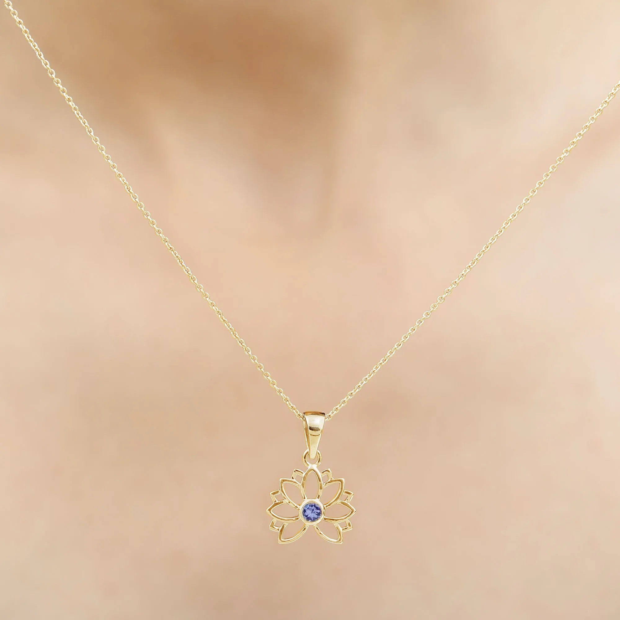 Lotus Flower Pendant with 3 MM Round Cut Tanzanite