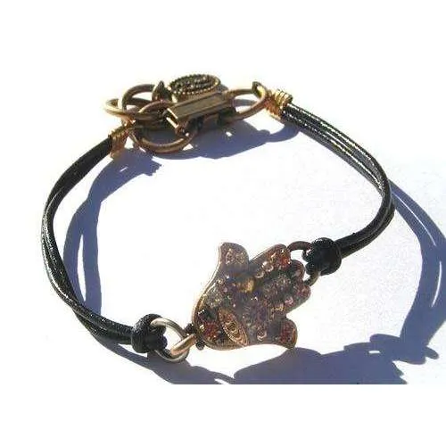 Michal Golan Topaz and Crystal Hamsa Bracelet On Leather