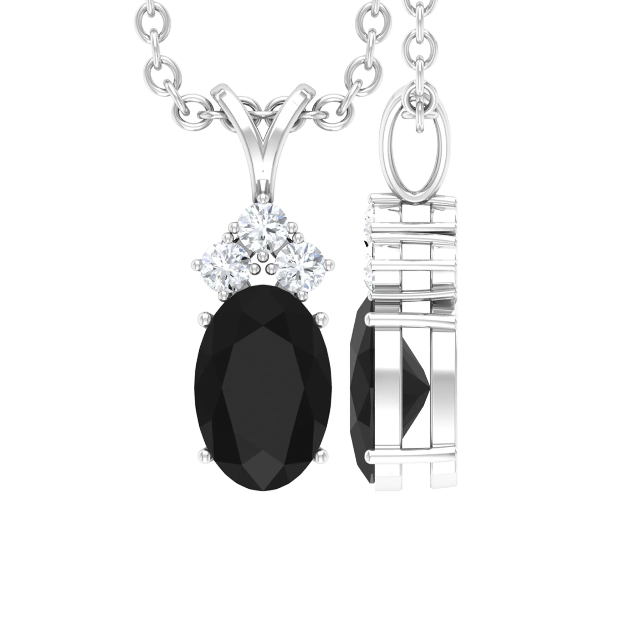 Minimal Black Onyx Oval Pendant Necklace with Diamond