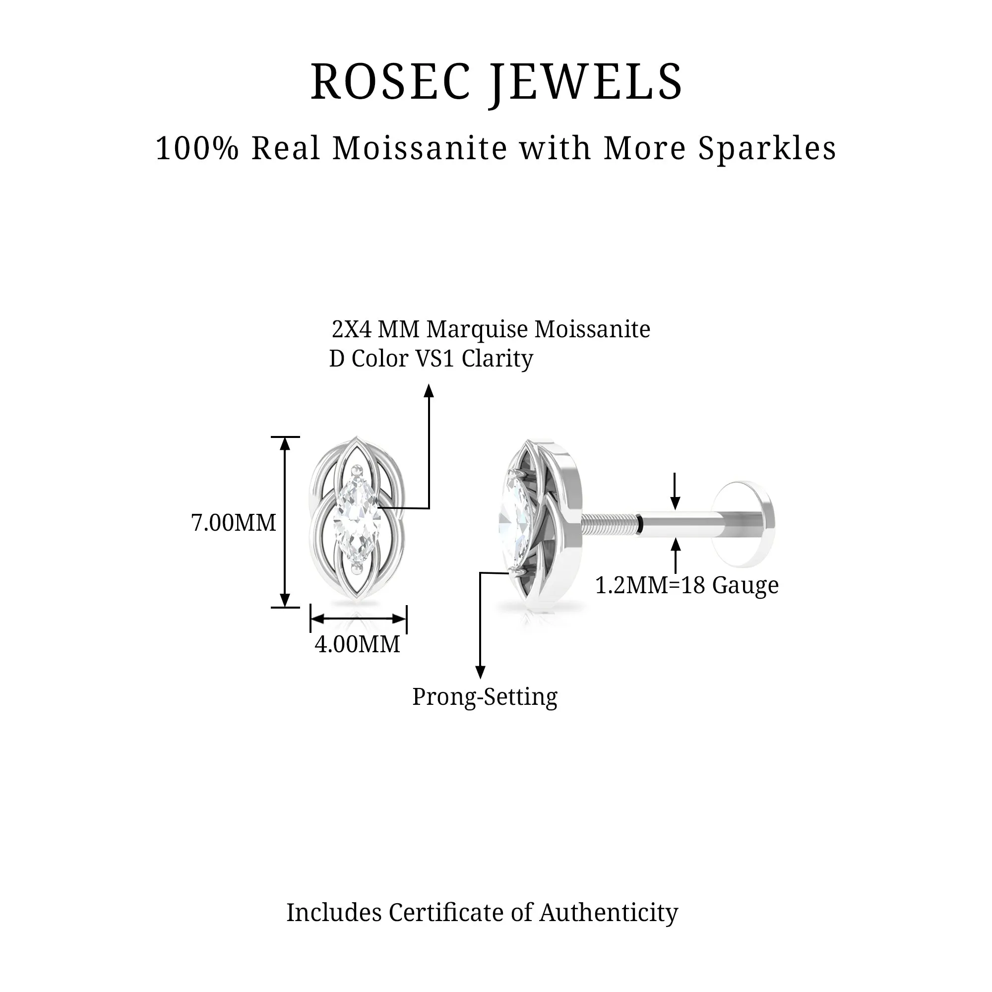 Minimal Marquise Cut Moissanite Gold Cartilage Earring