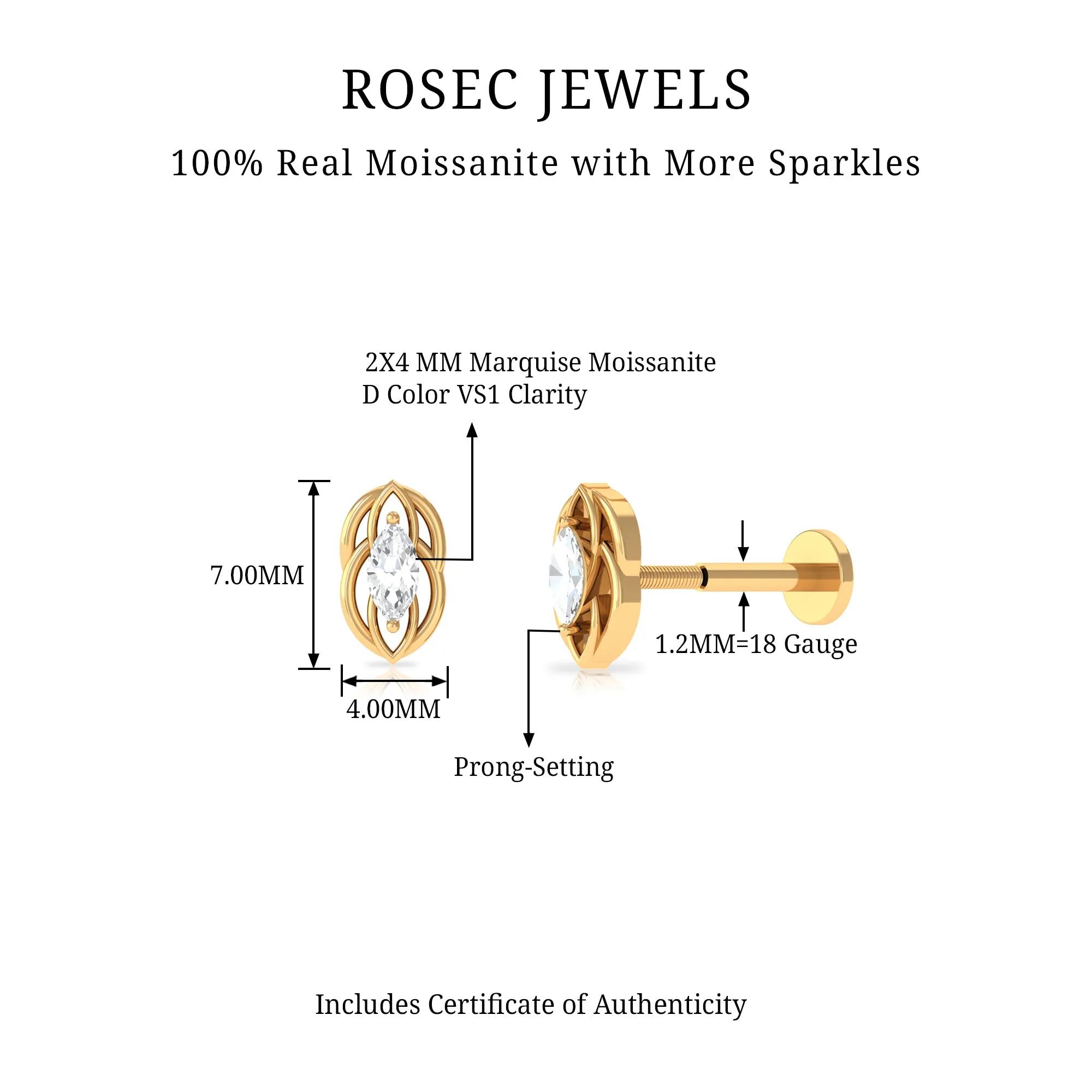 Minimal Marquise Cut Moissanite Gold Cartilage Earring